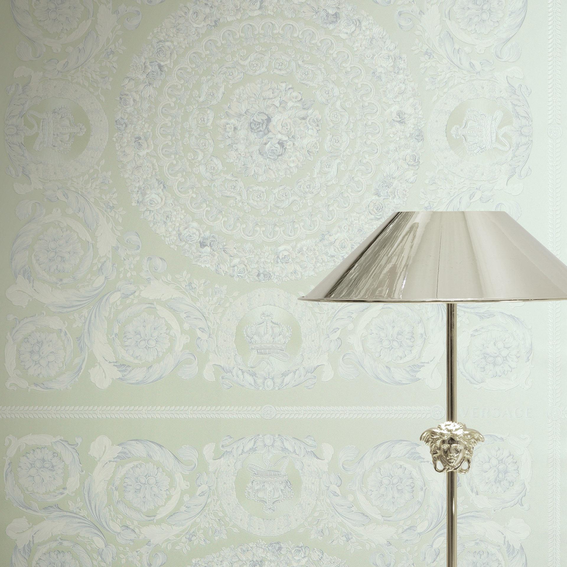 Versace ikke-vævet tapet Heritage Baroque Medallion Floral Green White Blue luksuriøst