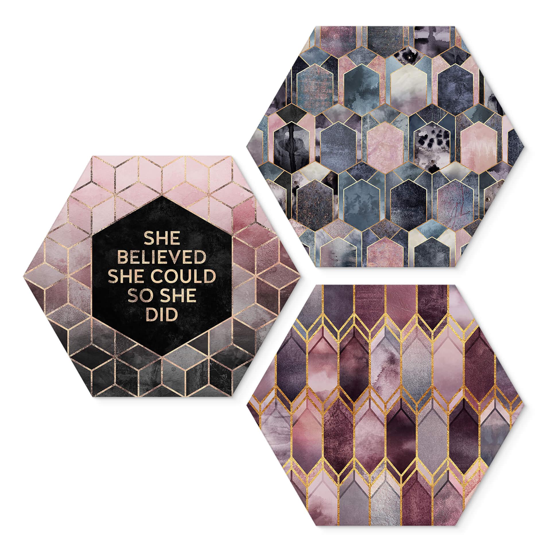 Hexagon Dibond Set Fredriksson - Geometrie in Violet en Goud (3-delig)