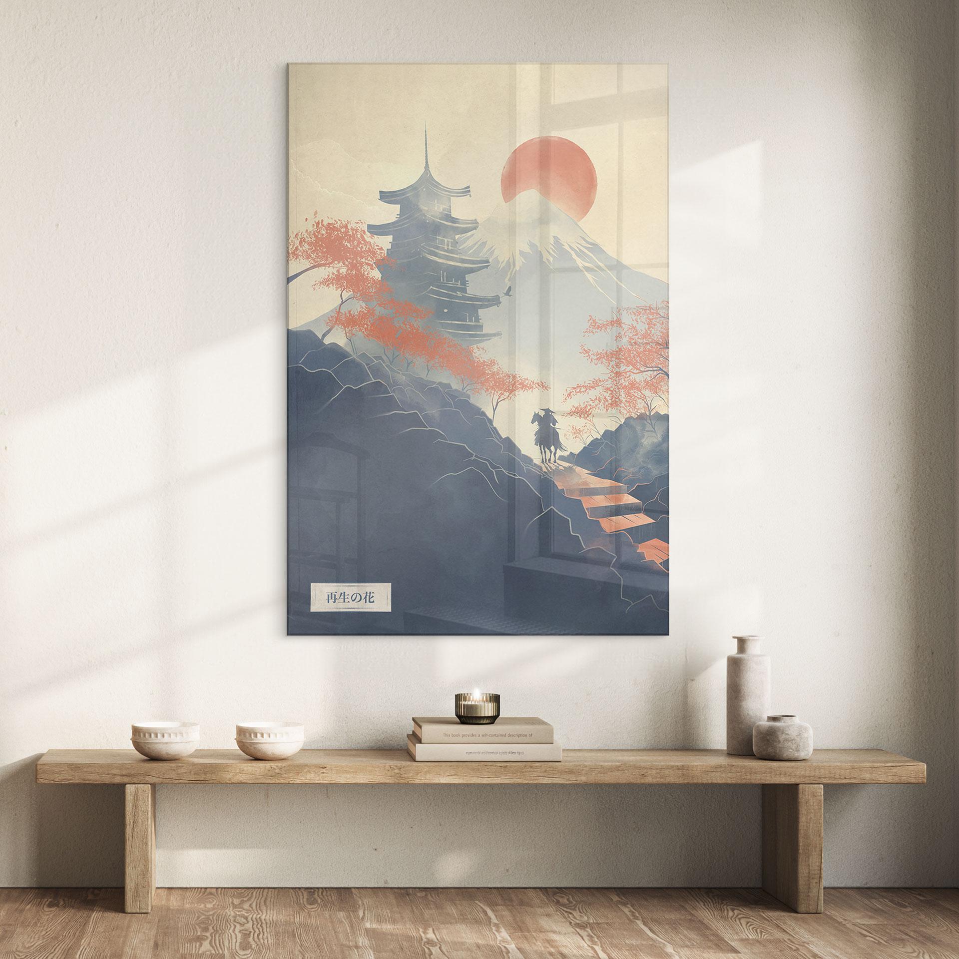 Acrylglasbild Sonnenaufgang über der Pagode | Japan Landschaft - Roze