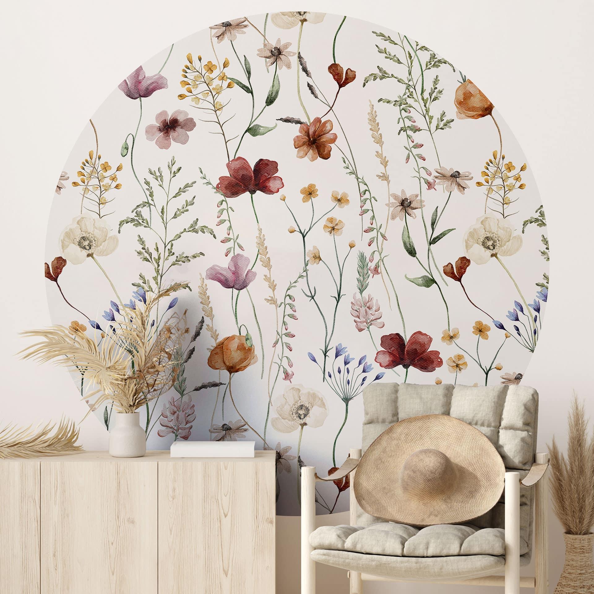 Tapet cirkel Farverige vilde blomster - UN Designs - vliesetapet/selvklæbende non-woven tapet