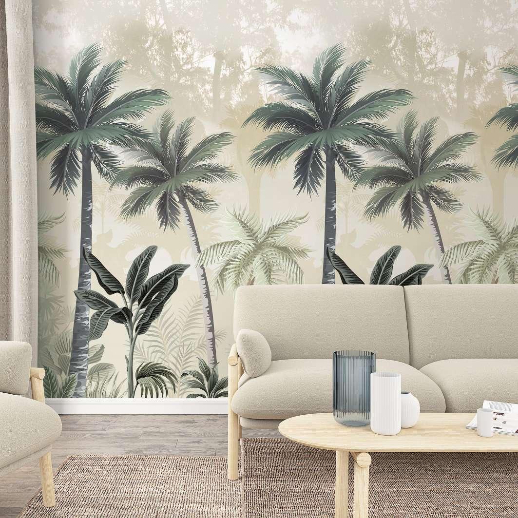 Fototapet med palmer grøn, beige, blomster 2,70 x 1,59 m