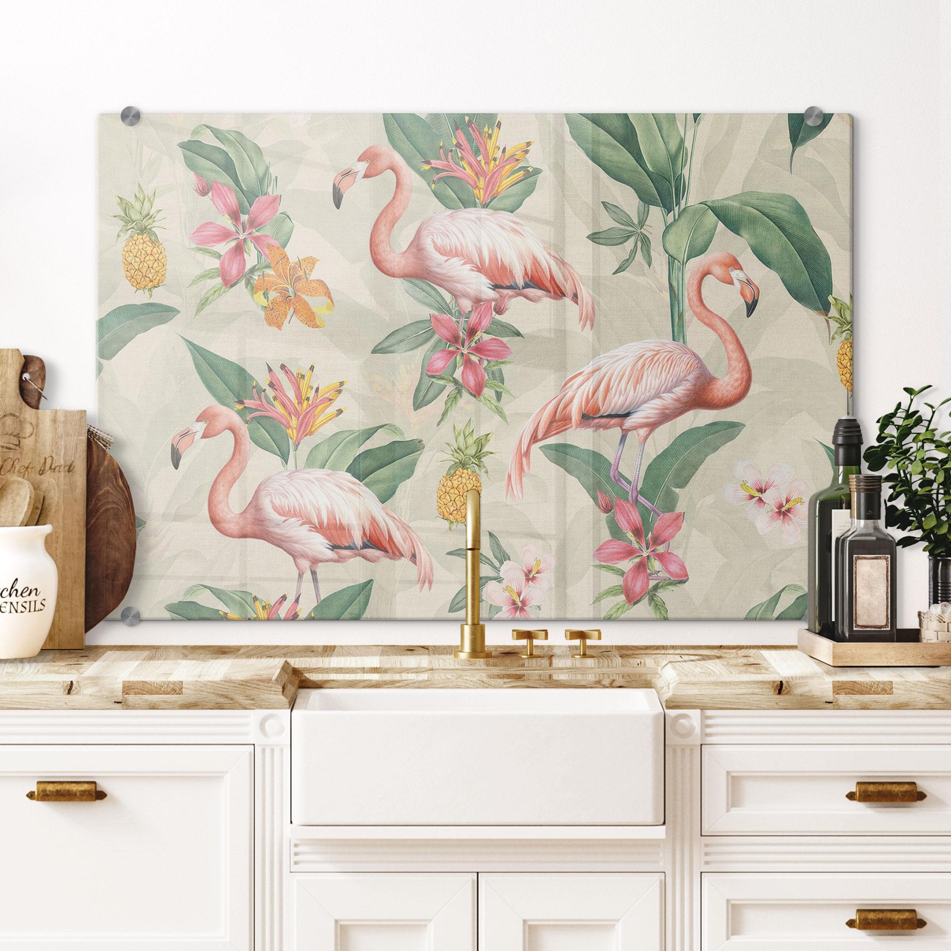 Stænkplade Flamingo og tropiske blade | Eksotisk til køkkenet - Bloomery Decor