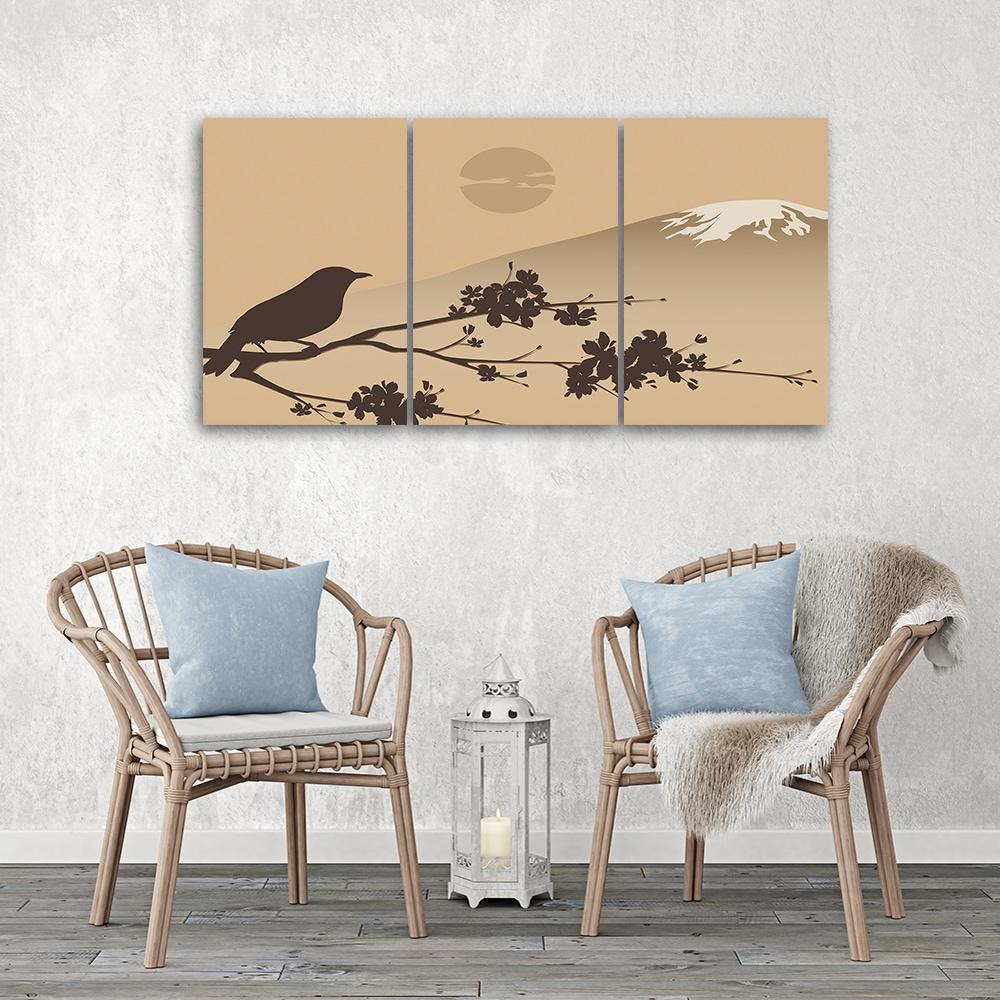 3-delt lærredstryk Japan Fuji Bird Beige
