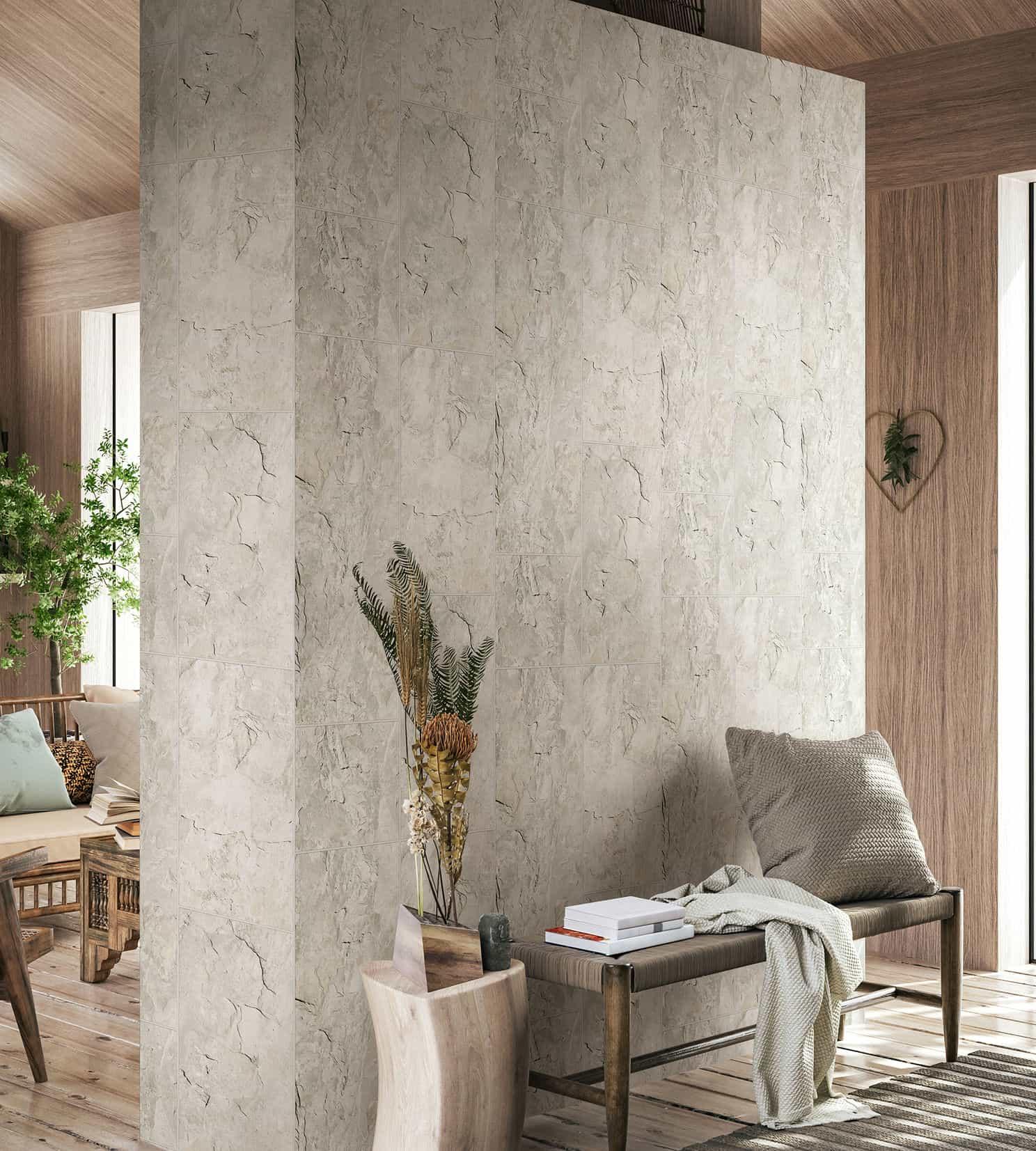 non-woven tapet i fliselook som shabby chic grå fliseeffekt