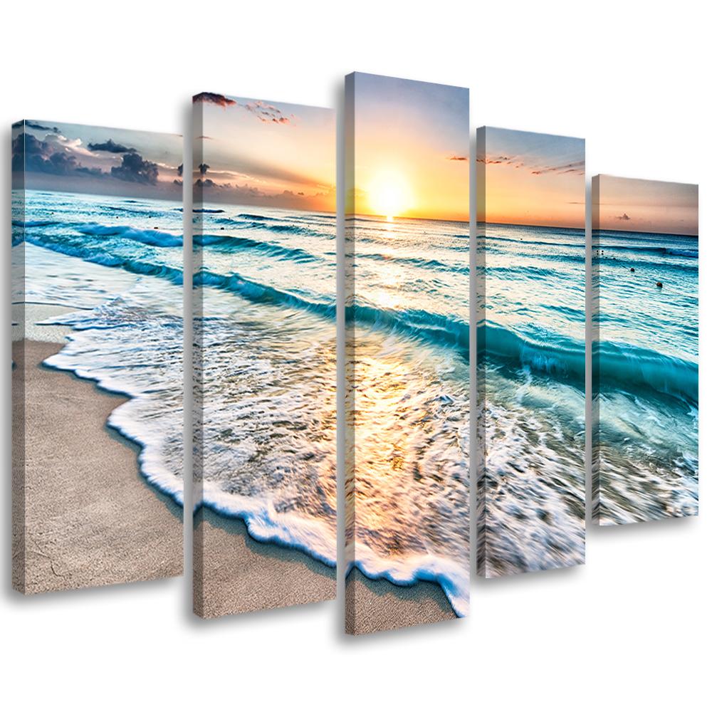 Lærredstryk 5 stykker, Sea Beach Water Sunset