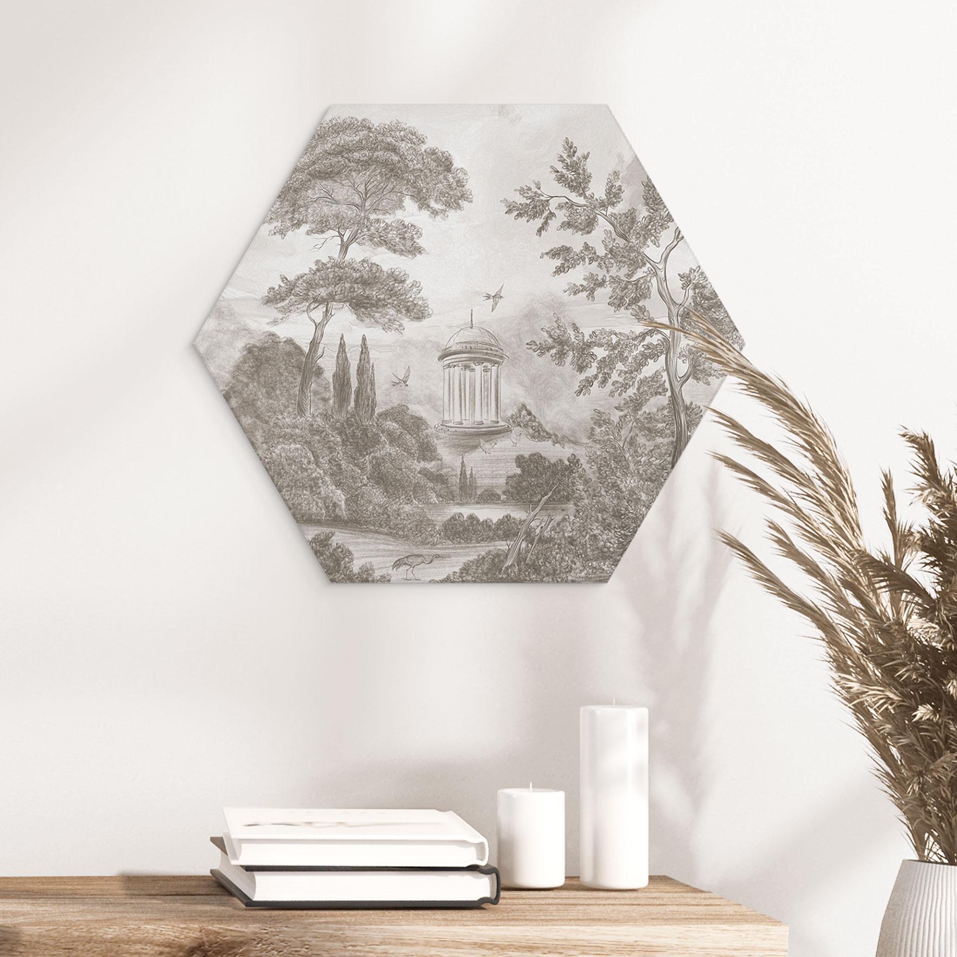 Hexagon Wandbild Landschaft mit Gartenlandschaft in Beige - Ms Tiff - Alu-Dibond