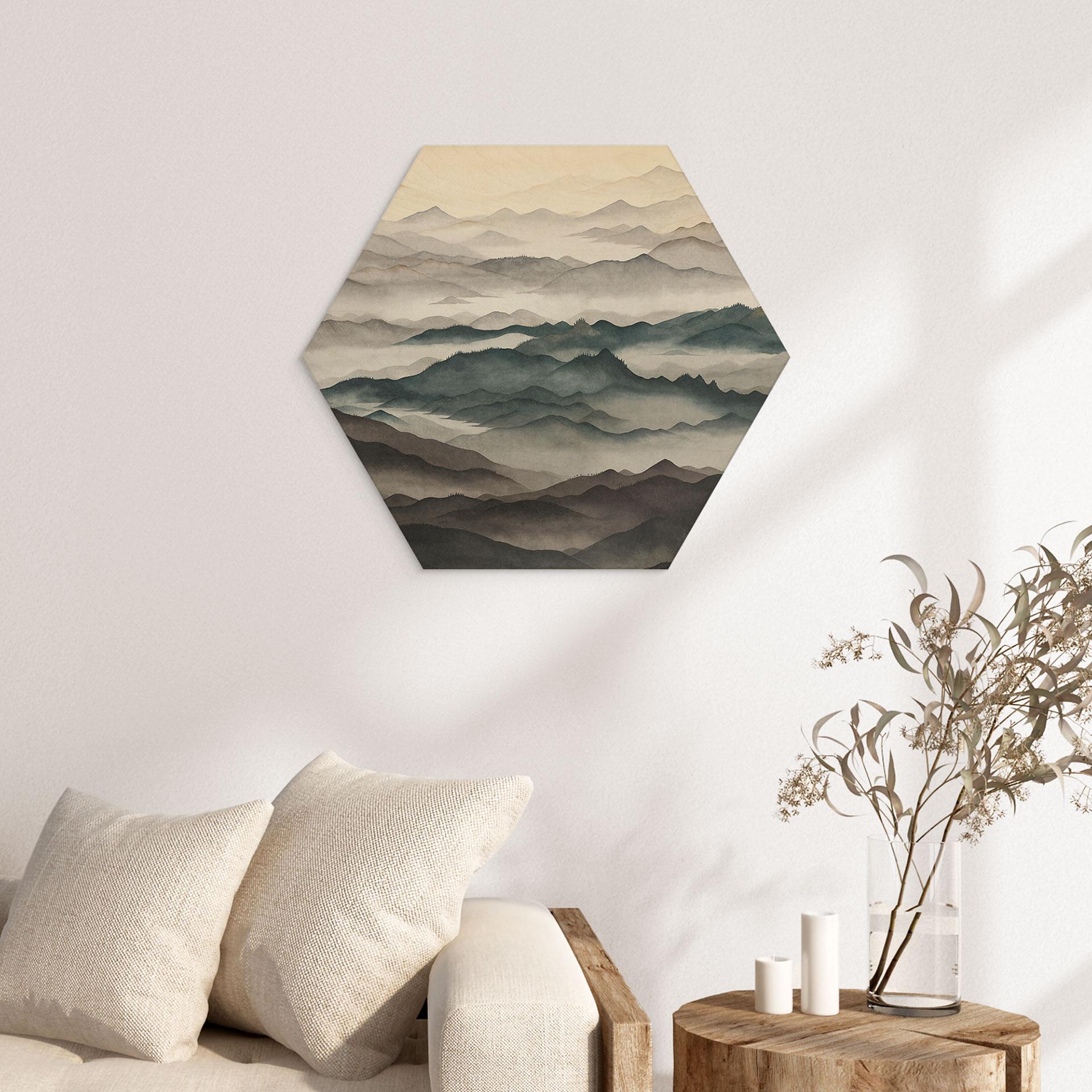 Esagono Insegna in Legno Roerich Light - Paesaggio Montano Nebbioso - Sir Edward x Grigory Gladarev
