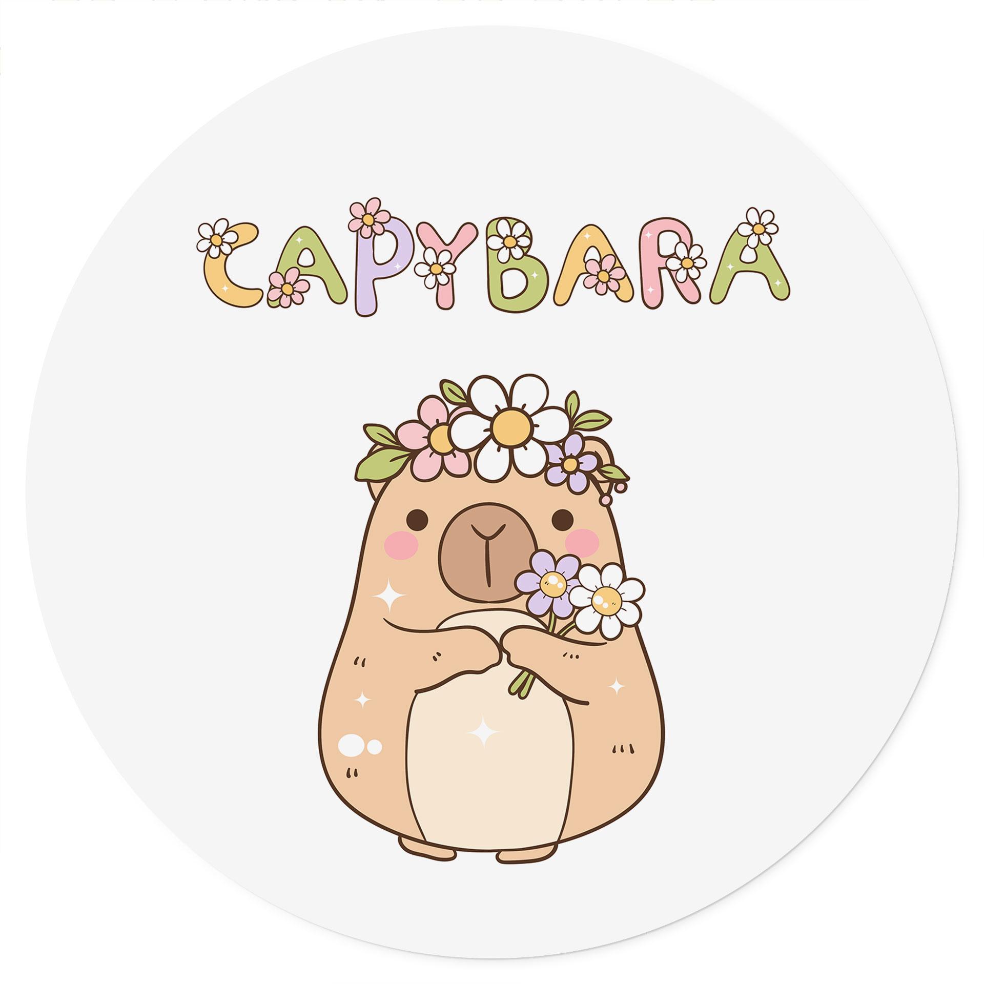 Vinilo decorativo de dulce carpincho con corona de flores - Redondo