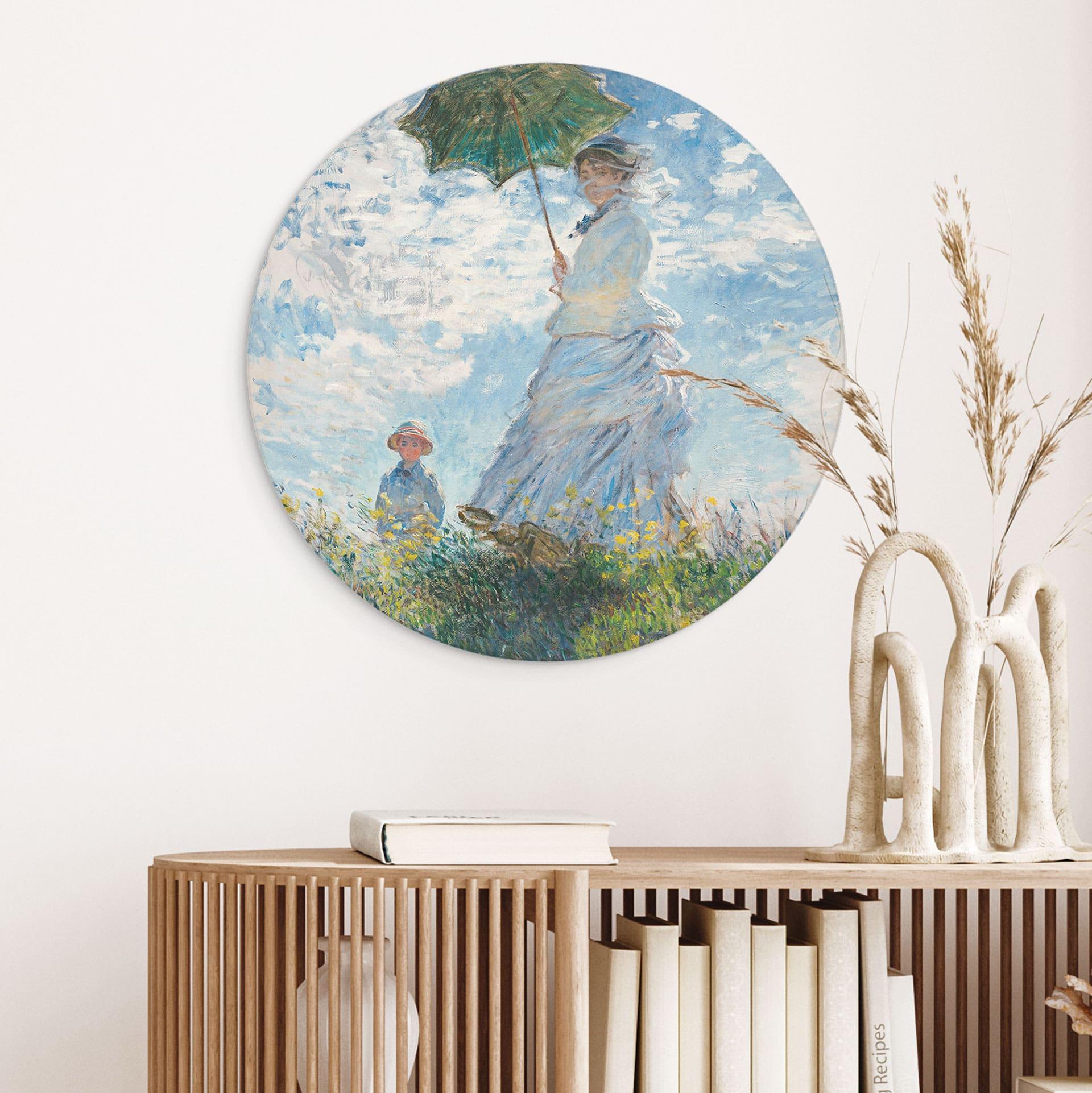 Billede Monet - Kvinde med parasol - Madame Monet og hendes søn - rund – print på aluminium