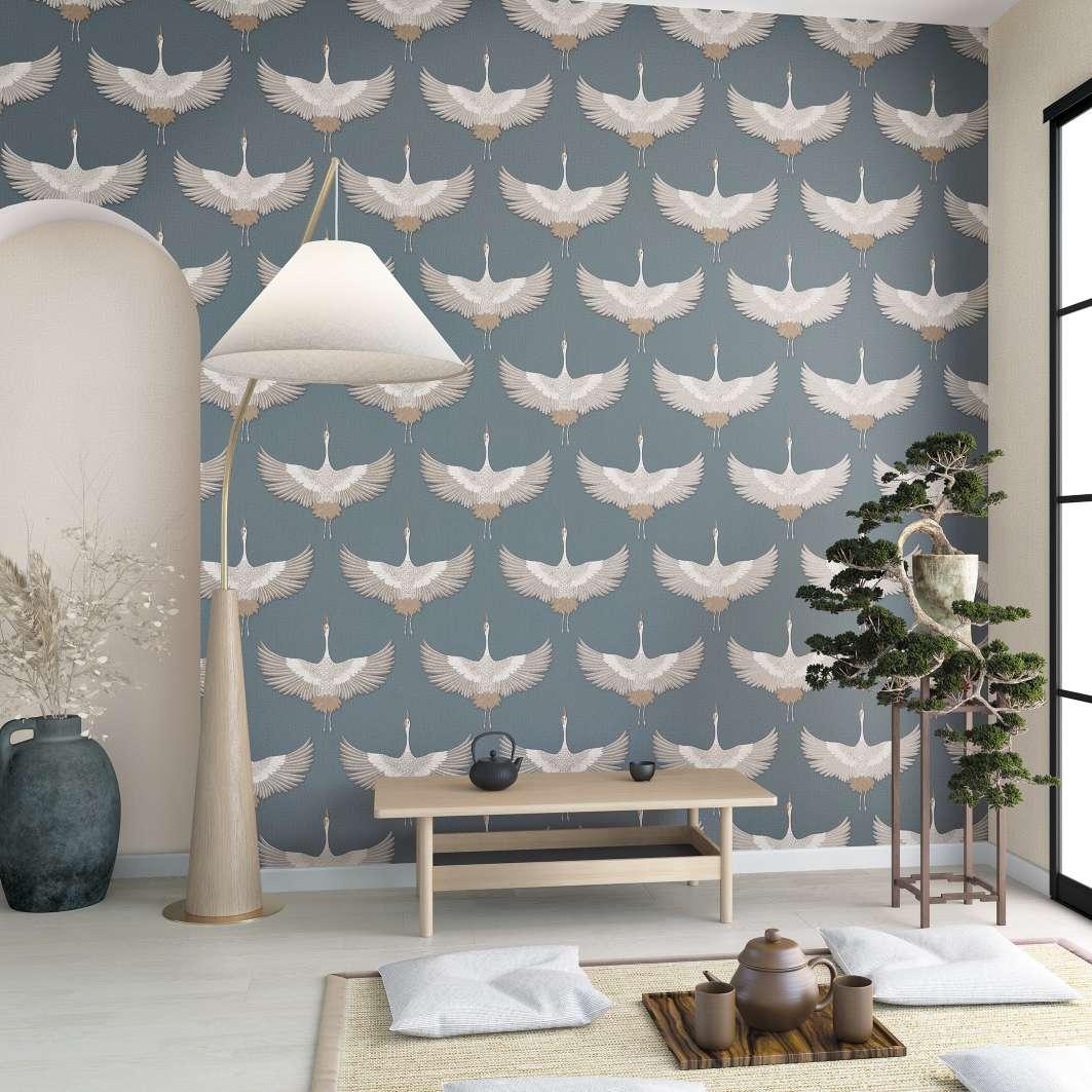 grafisk tapet, non-woven tapet Kumano blå, beige