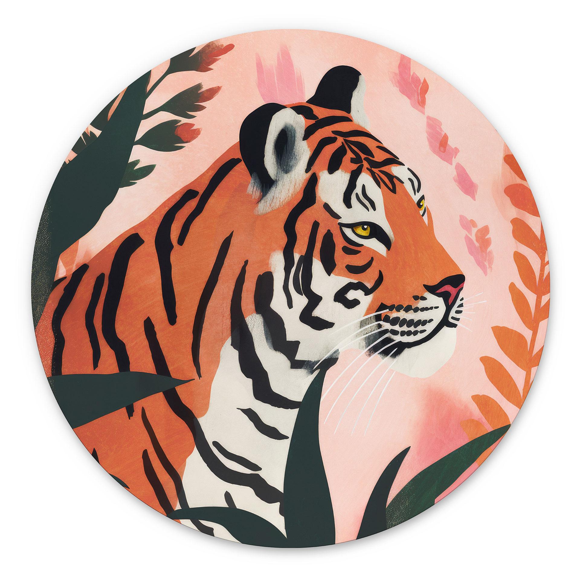 Vægcirkel Tiger i en lyserød jungle - Treechild – print på aluminium (Alu-Dibond)