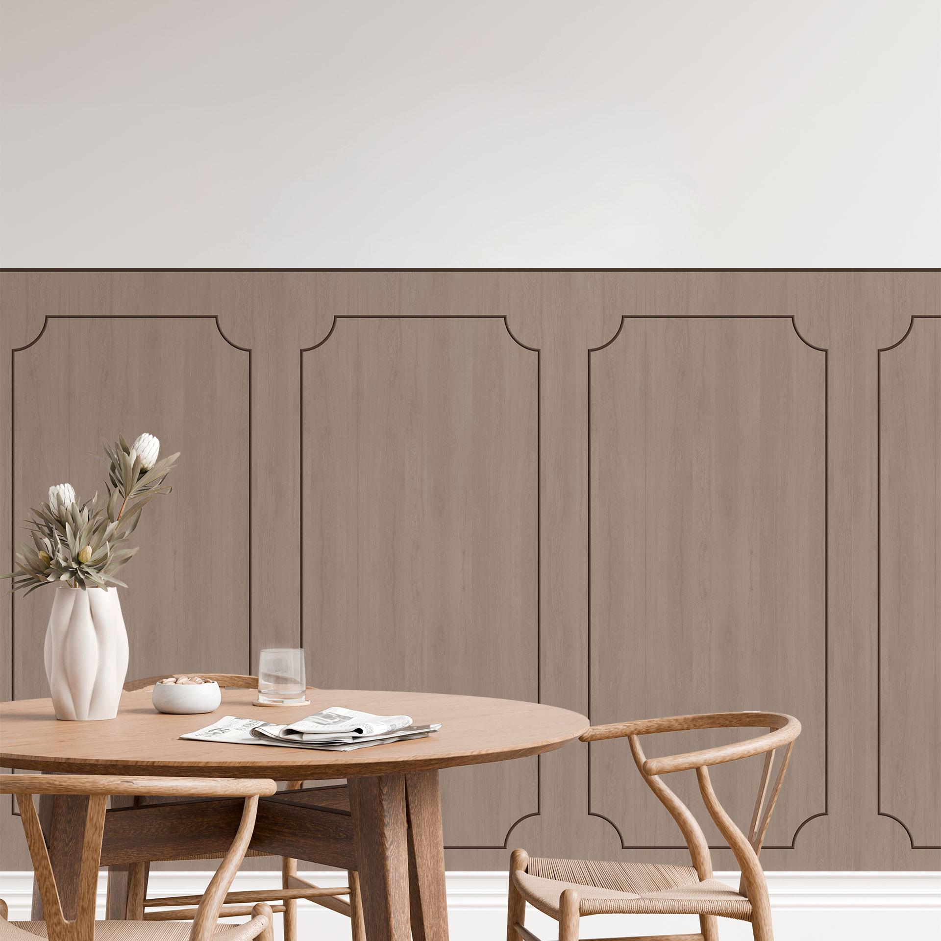 Wandpanelen Wandbekleding taupe met houtnerf met sierbiesoptiek