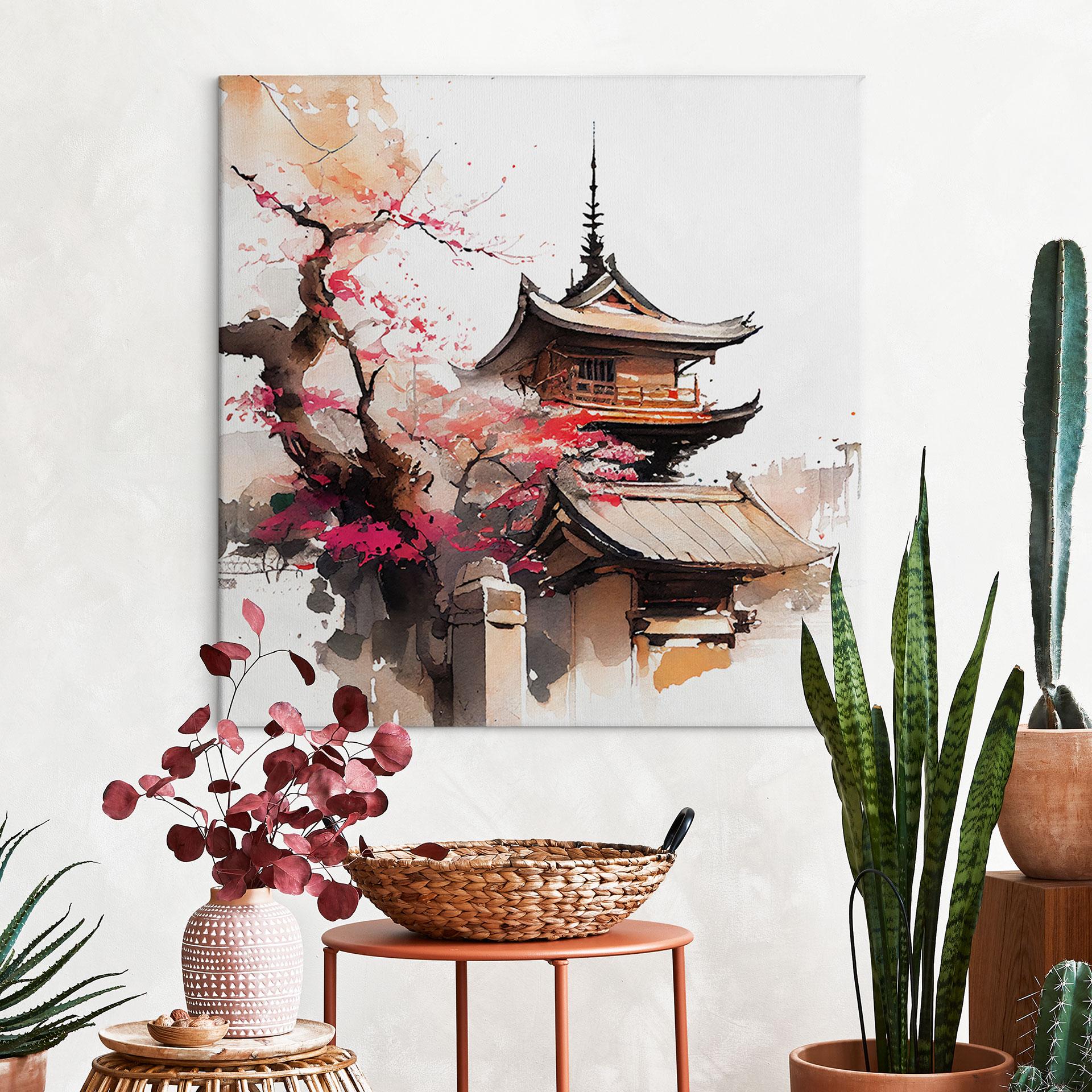 Lærredsprint - Japansk pagode med kirsebærblomster - Jaszke