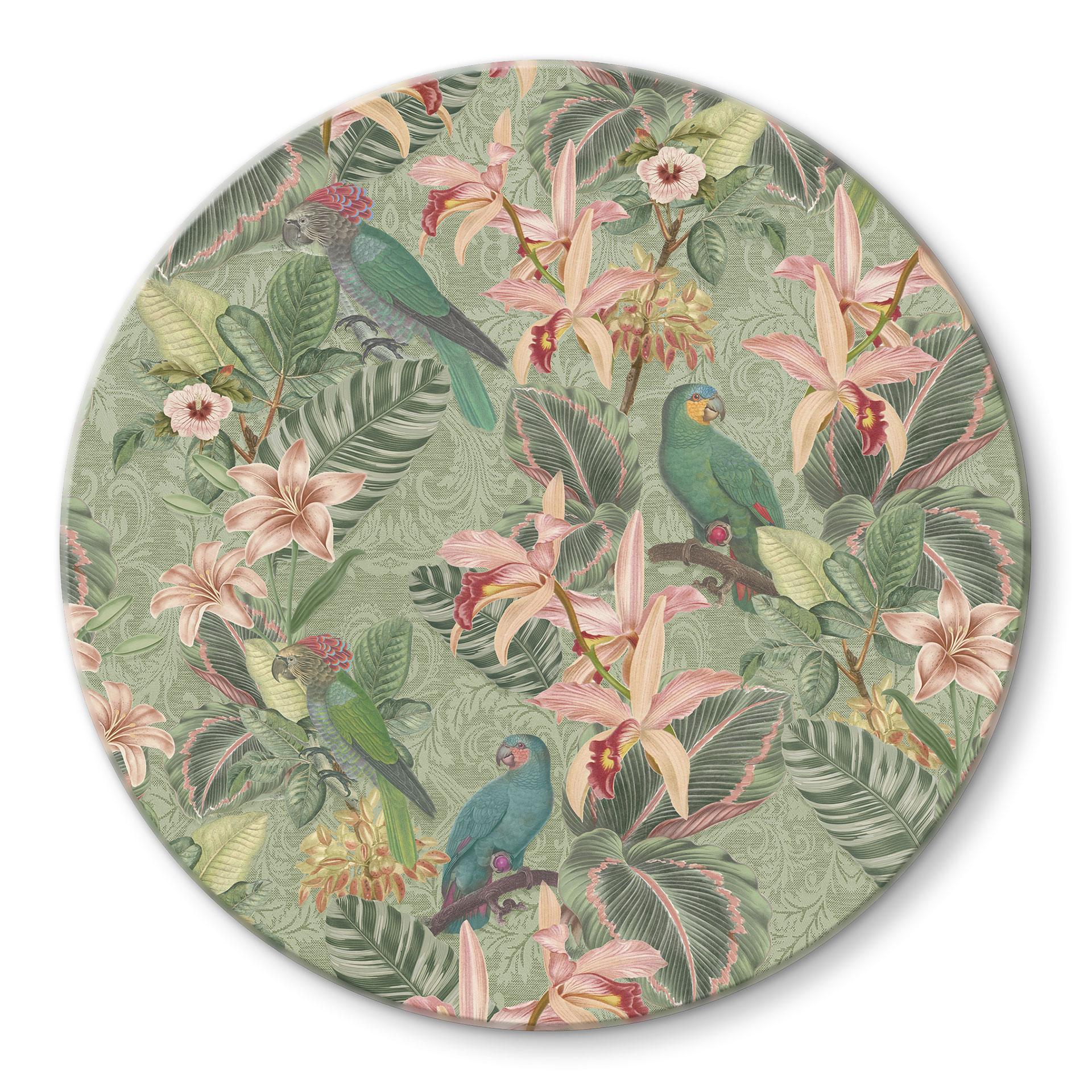 Glasbillede - Jungle med papegøjer Grøn - Bloomery Decor - Rund