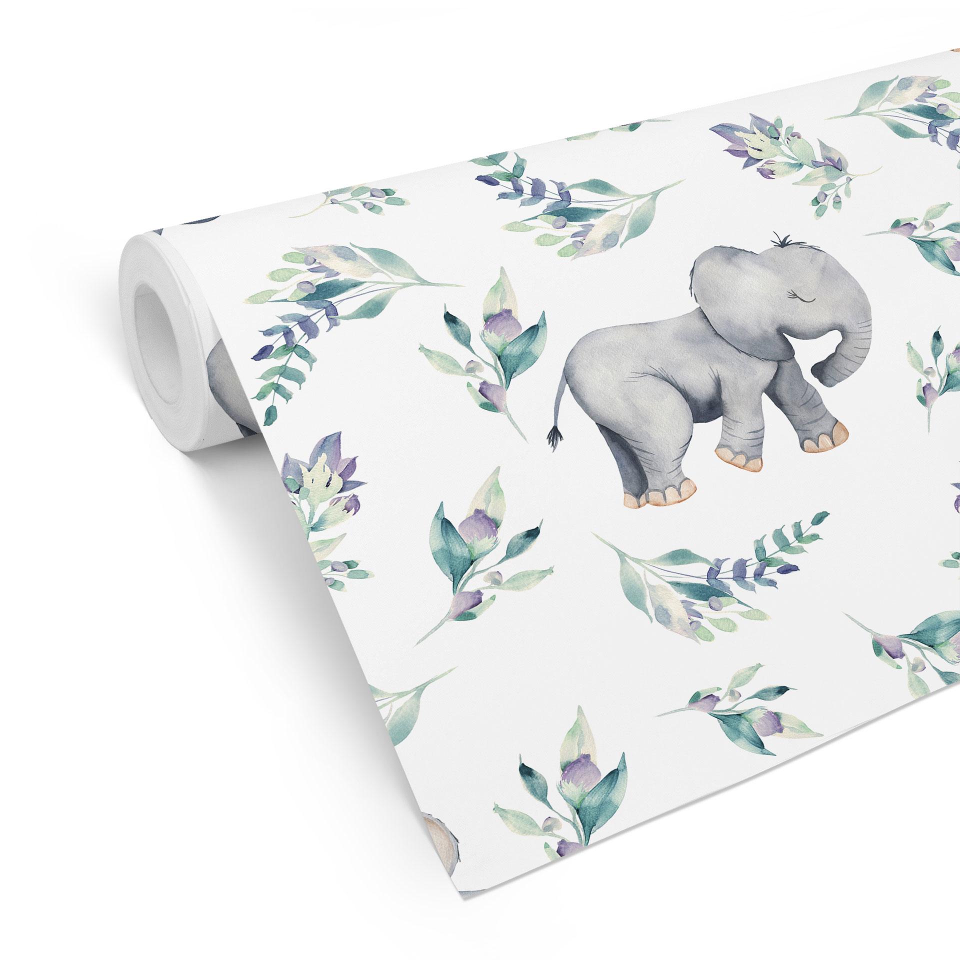 Tapet med mønster til børneværelset - sød babyelefant mellem boho-grene - UN Designs