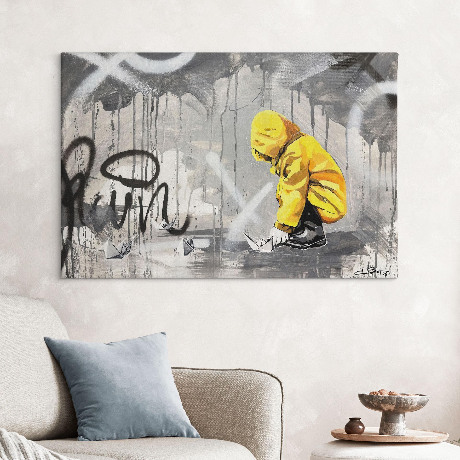 Leinwandbild Kind mit Papierschiff Streetart - Habib