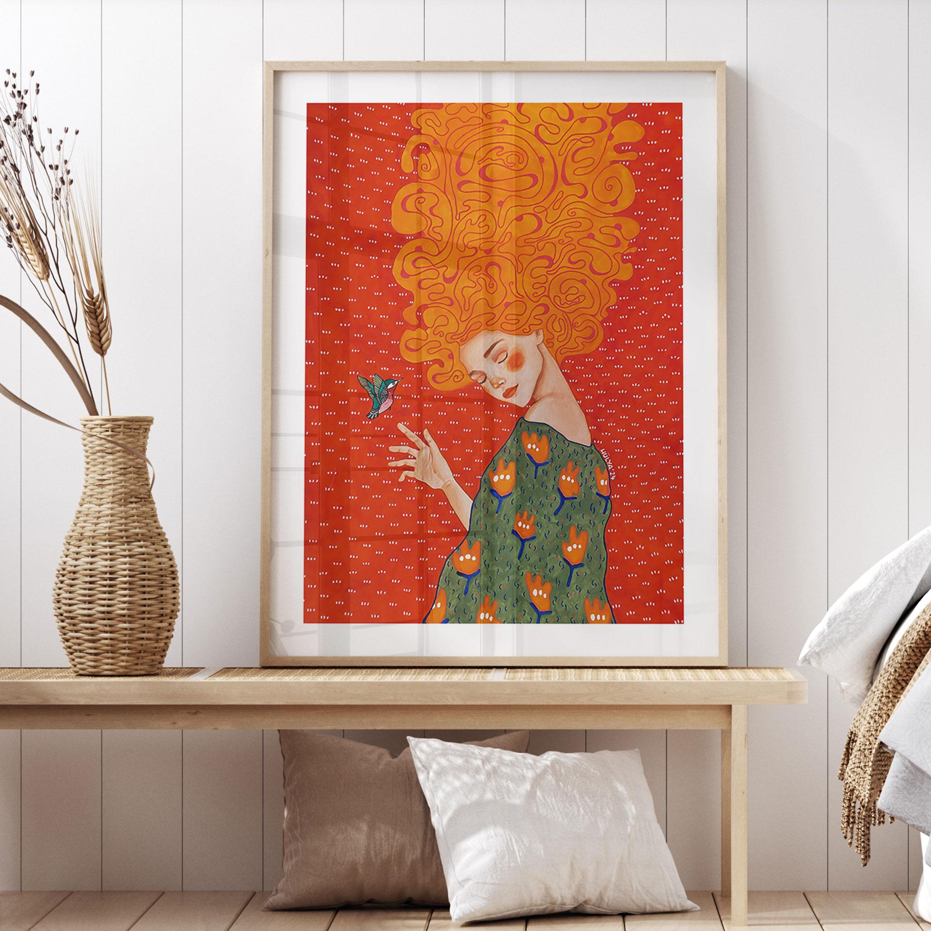 Plakat med kolibri og kvinde i rødt lys - Hülya