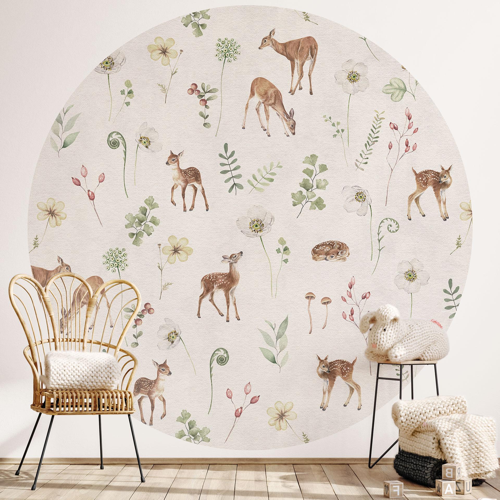 Lille hjort blandt blomster tapet - Kikki Belle - Round - vliesetapet/selvklæbende non-woven tapet