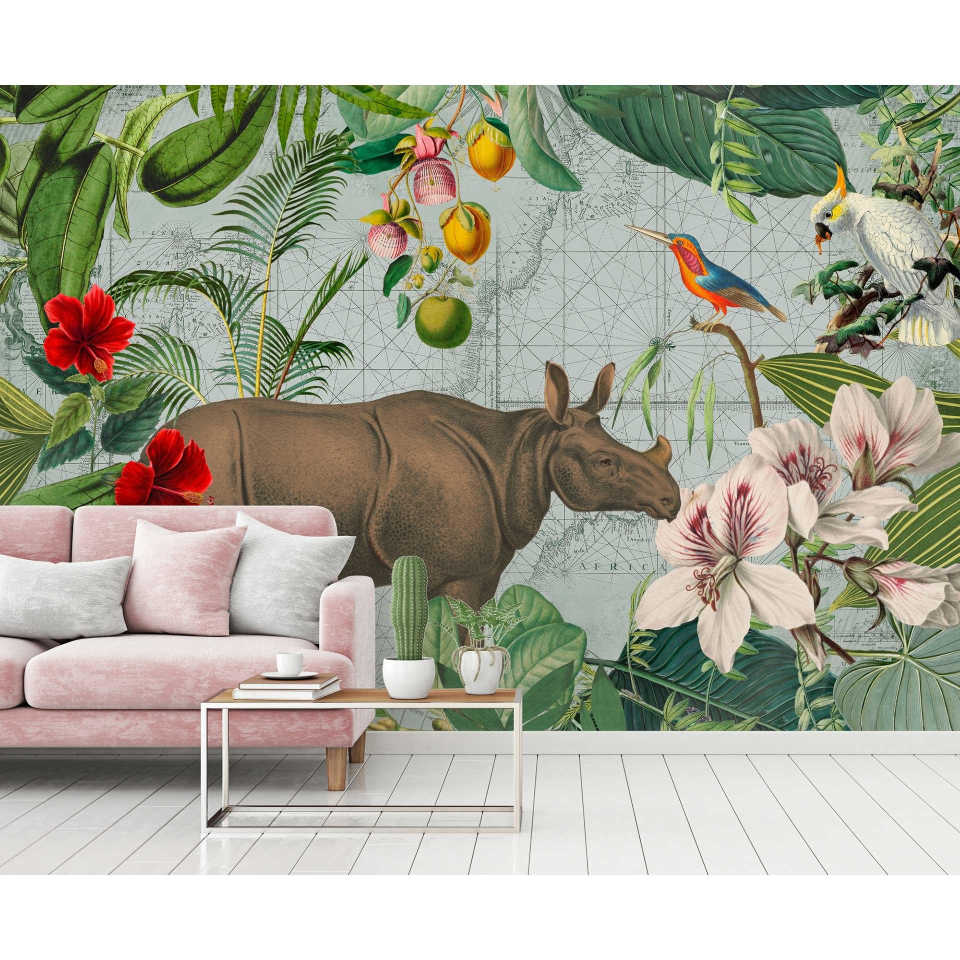 Livingwalls Fototapete ARTist Jungle Rhino mit Dschungel und Nilpferd braun, grün, orange, rosa, rot
