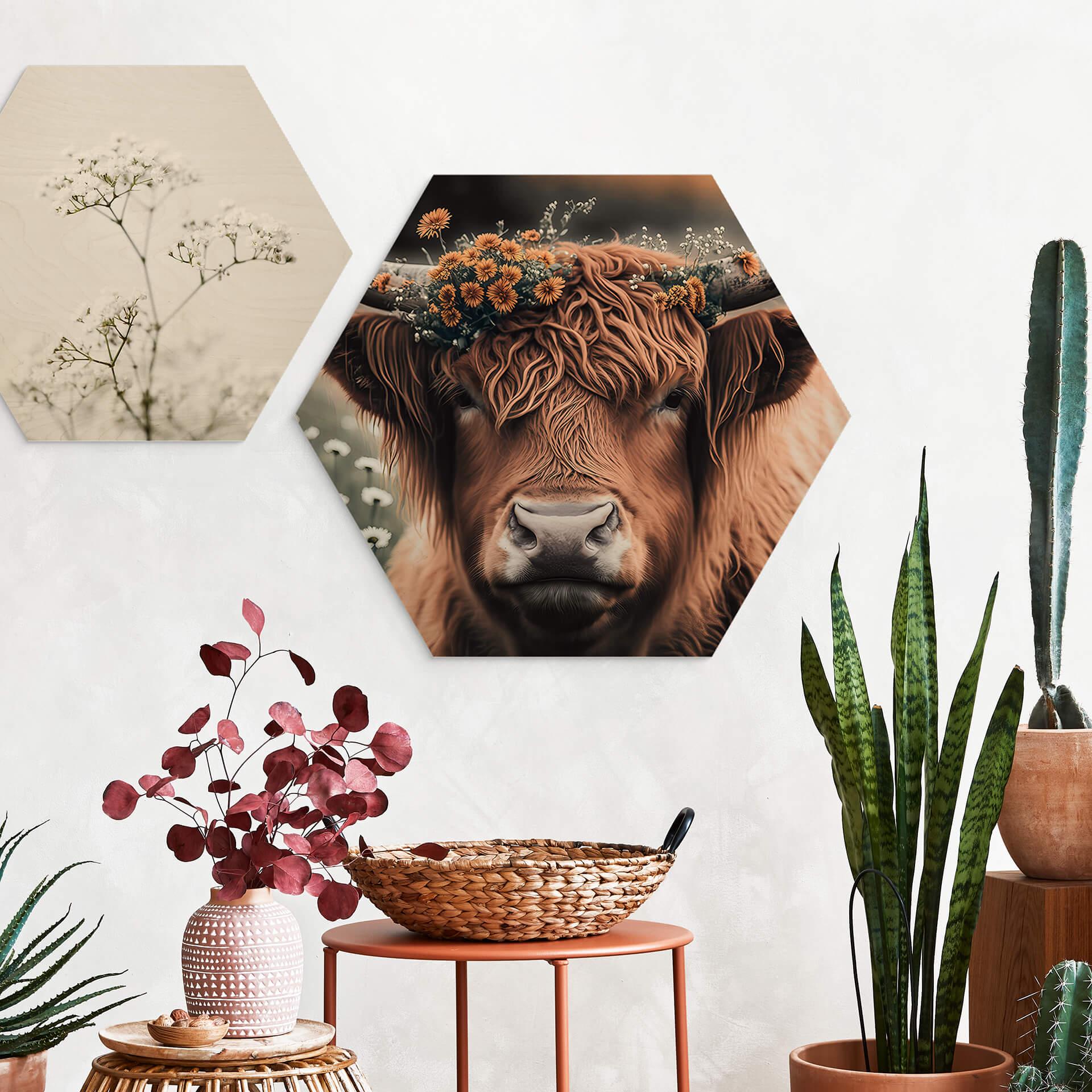 Hexagon Holzbild Treechild - Hochlandkuh mit Blütenkranz