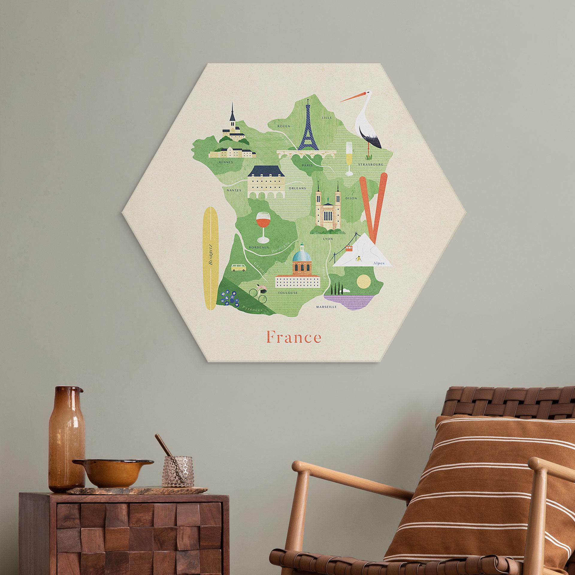 Hexagon Wandbild Karte von Frankreich - Rivers - Alu-Dibond