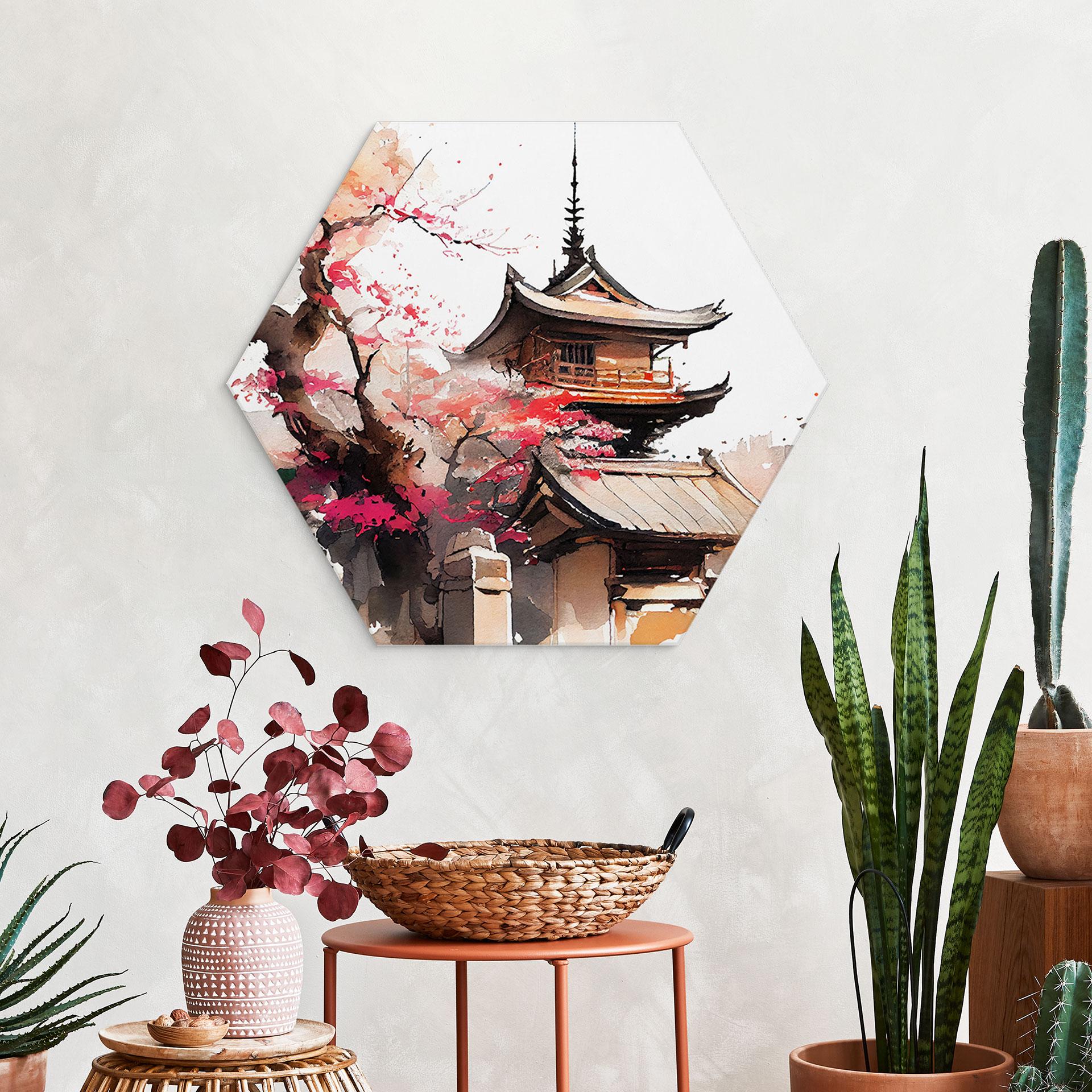 Hexagon Dibond Japansk pagode med kirsebærblomster - Jaszke