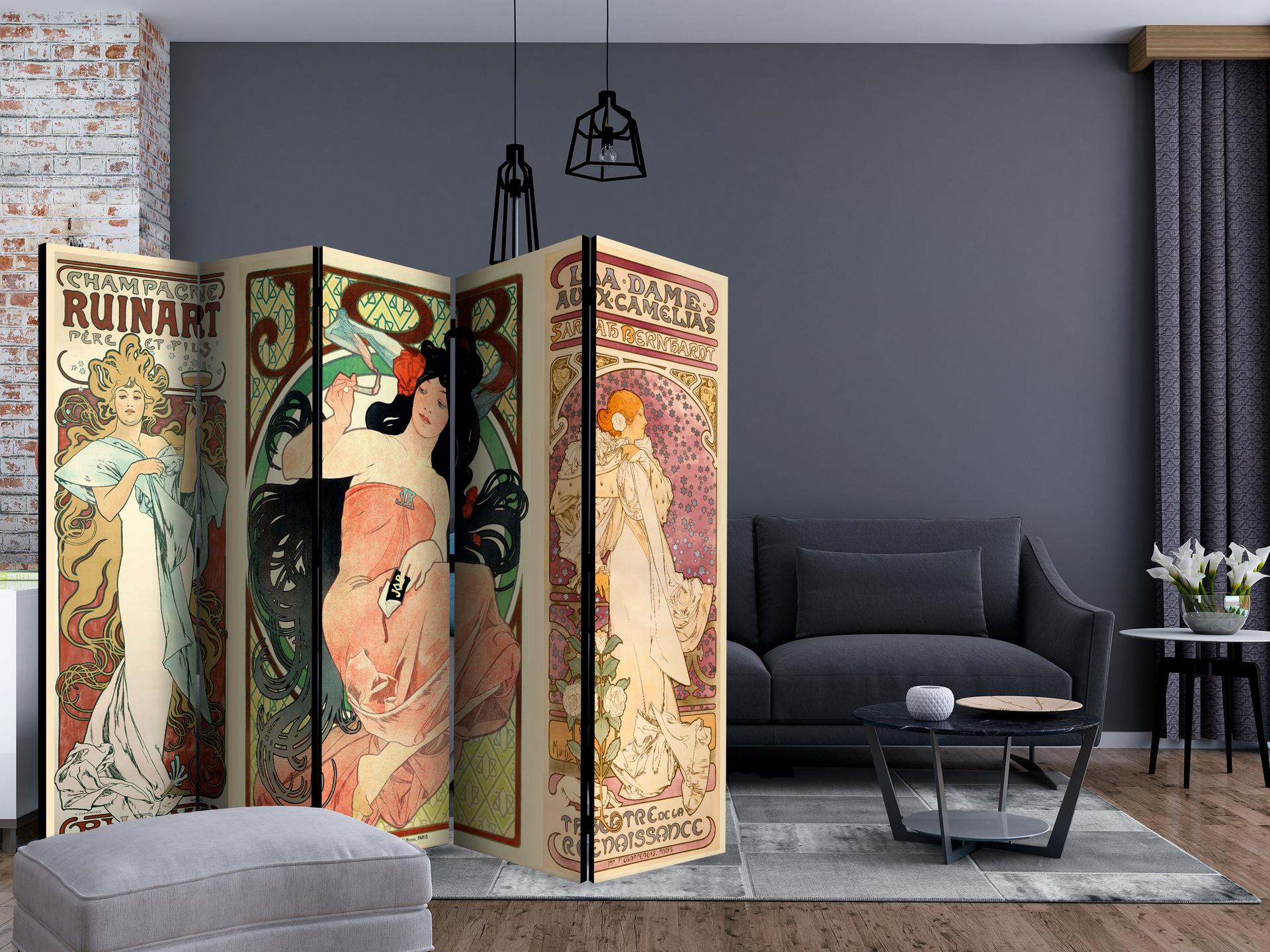 Paravent, Raumteiler freistehend, Trennwand -  Alphonse Mucha. Frauen , 5-teilig - 225x172 cm