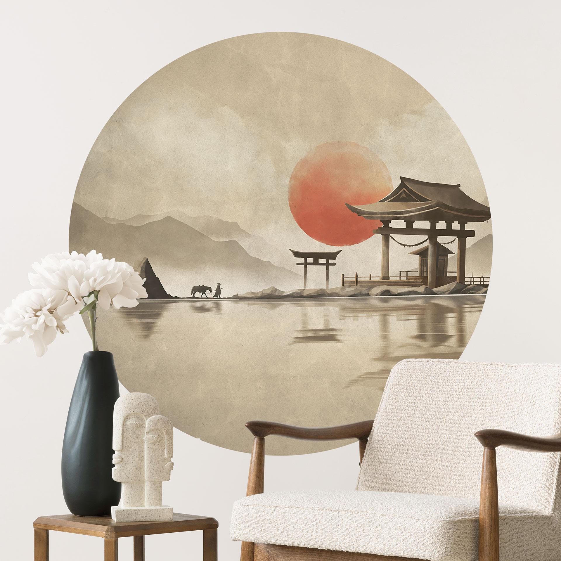 Wallsticker Japansk tempel ved solopgang - Roze - Rund