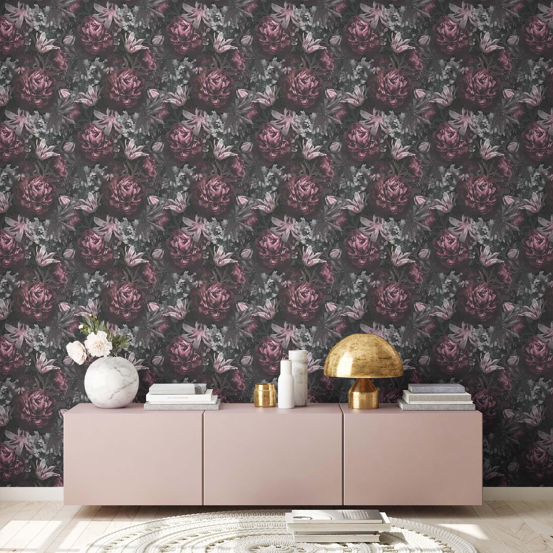A.S. Creation tapet med blomstermotiver i grå og pink non-woven tapet i mat blomsterlook