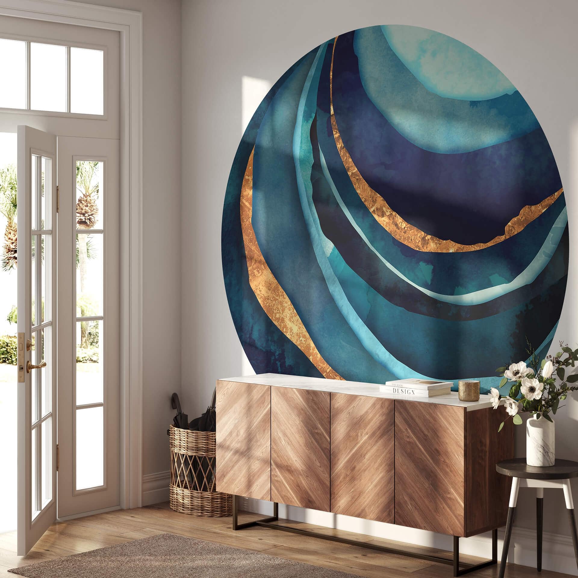 Fototapet - Rundt SpaceFrog Designs - Blå og guld - vliesetapet/selvklæbende non-woven tapet