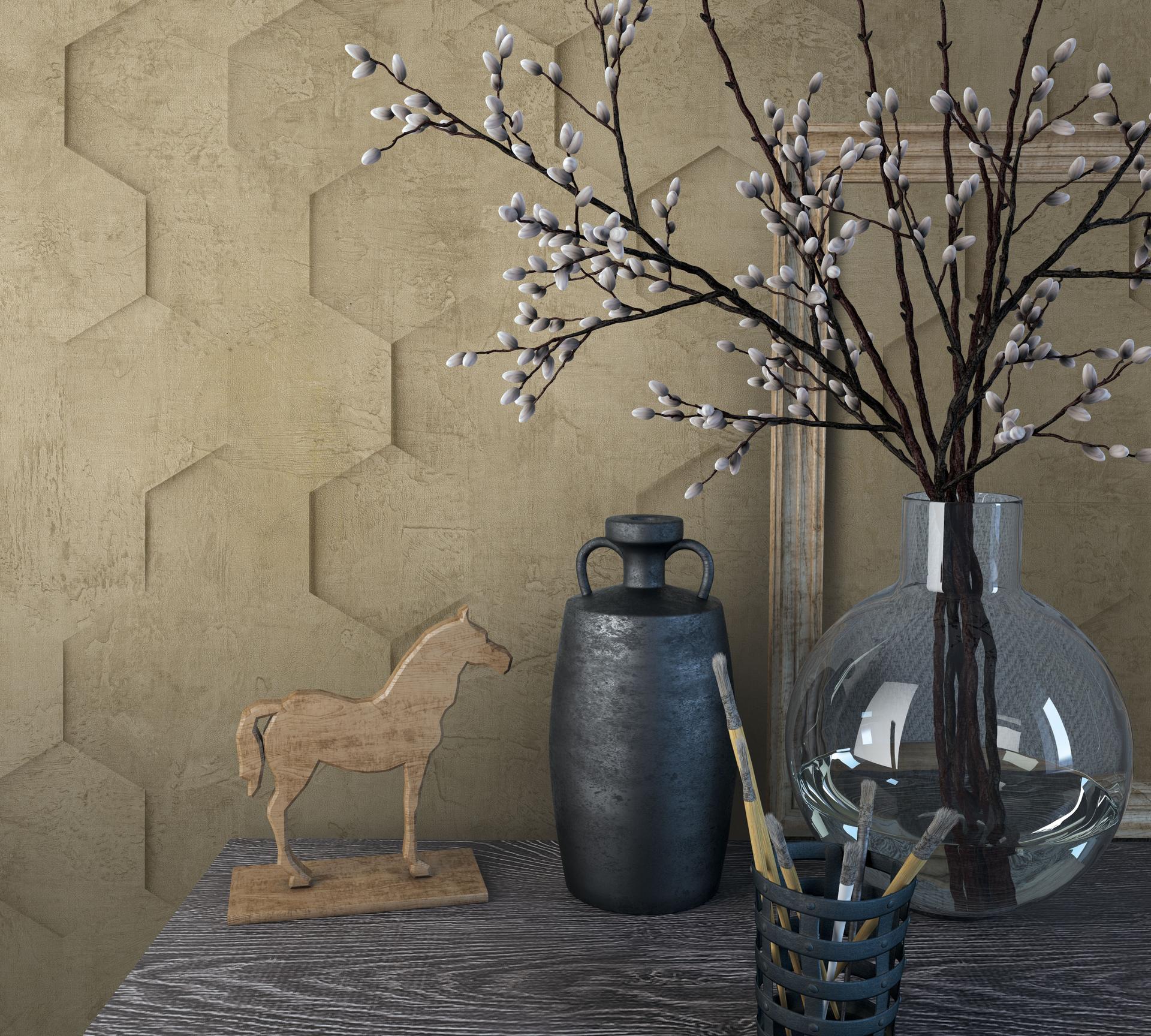 Vliesbehang met 3D honingraat patroon bruin grafisch