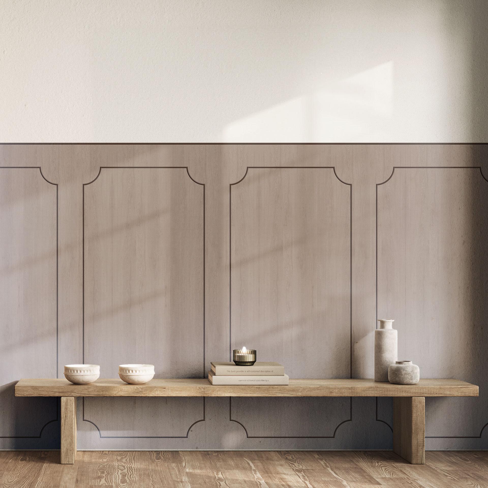 Wandpanelen Wandbekleding taupe met houtnerf met sierbiesoptiek