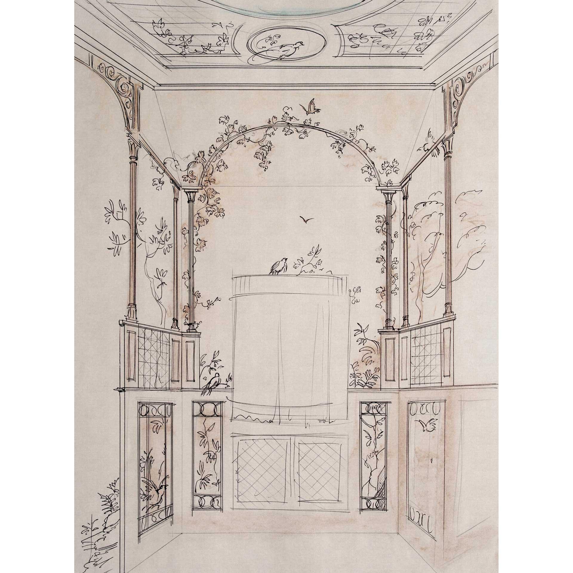 Geschetst architectuurbehang met tuinmotief - kunstzinnig vliesbehang