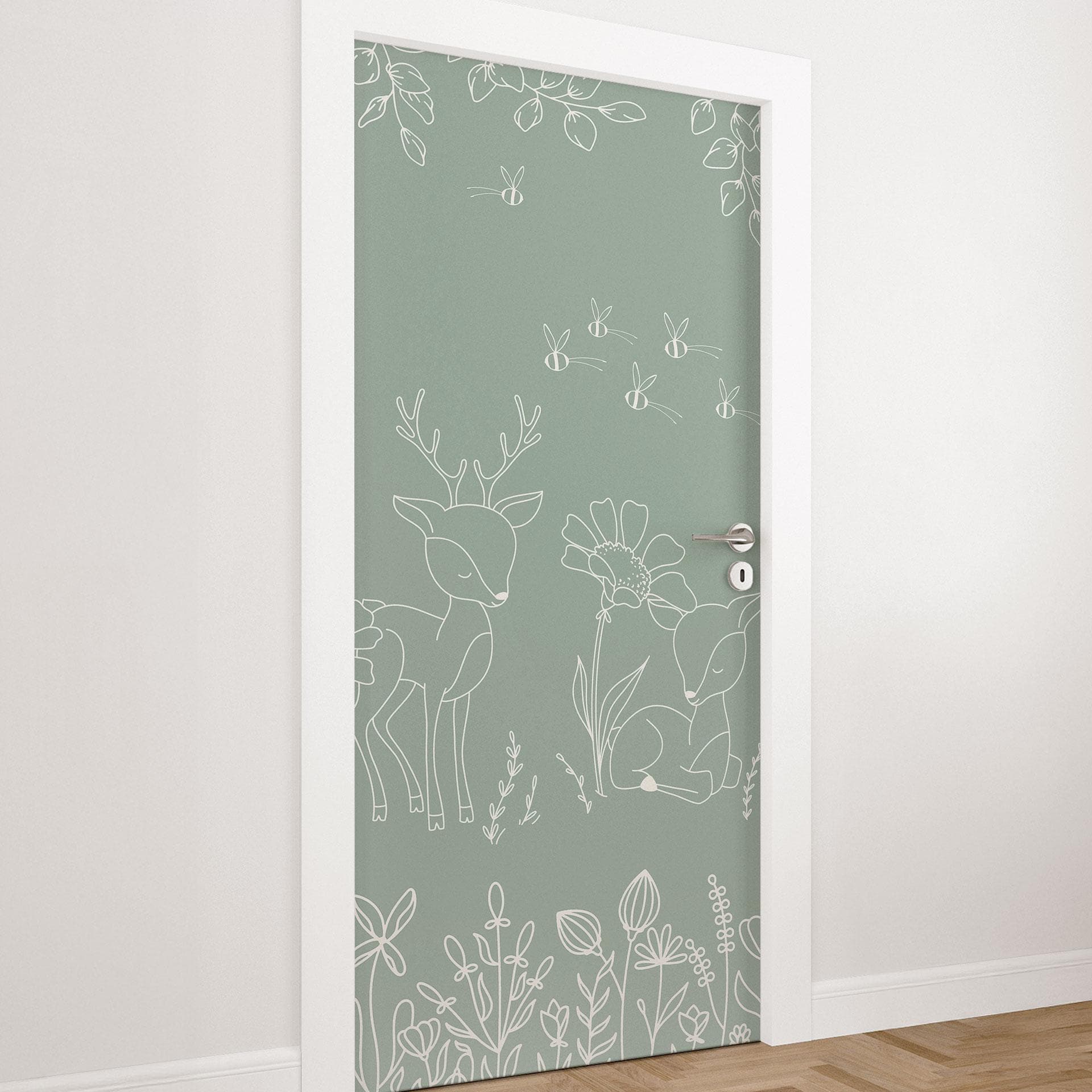 Lámina Adhesiva para Puerta Dos Corzos en el Prado Florido - Oliver Robins