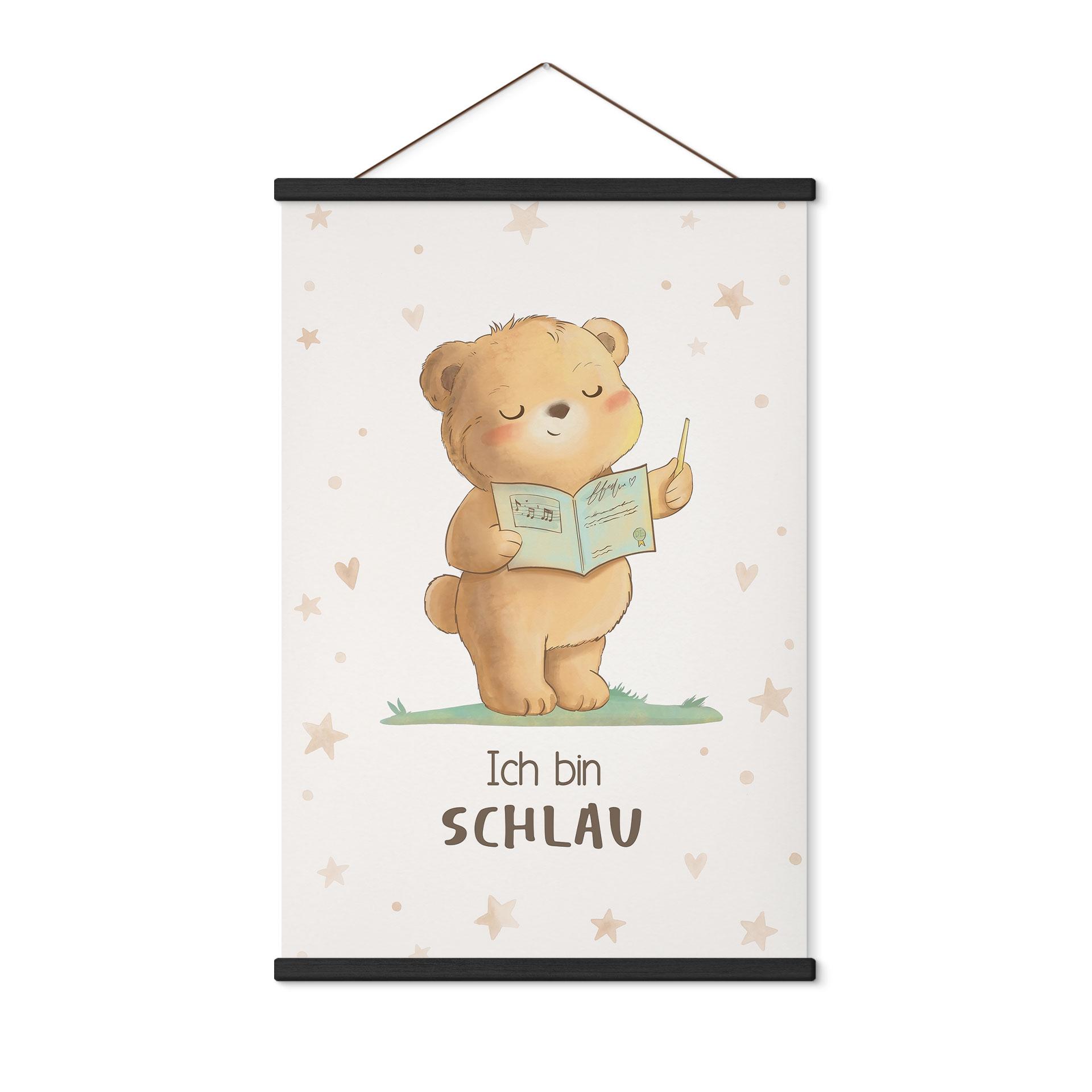 Stoffbild mit Bär und Buch - Selbstliebe-Spruch 'Ich bin schlau'