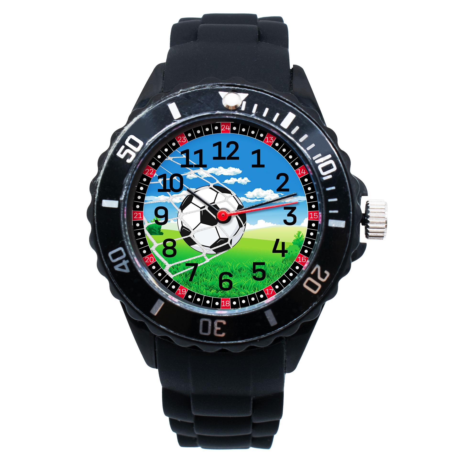 Sportliche Kinder Armbanduhr - Lernuhr analog aus Silikon - Fußball schwarz