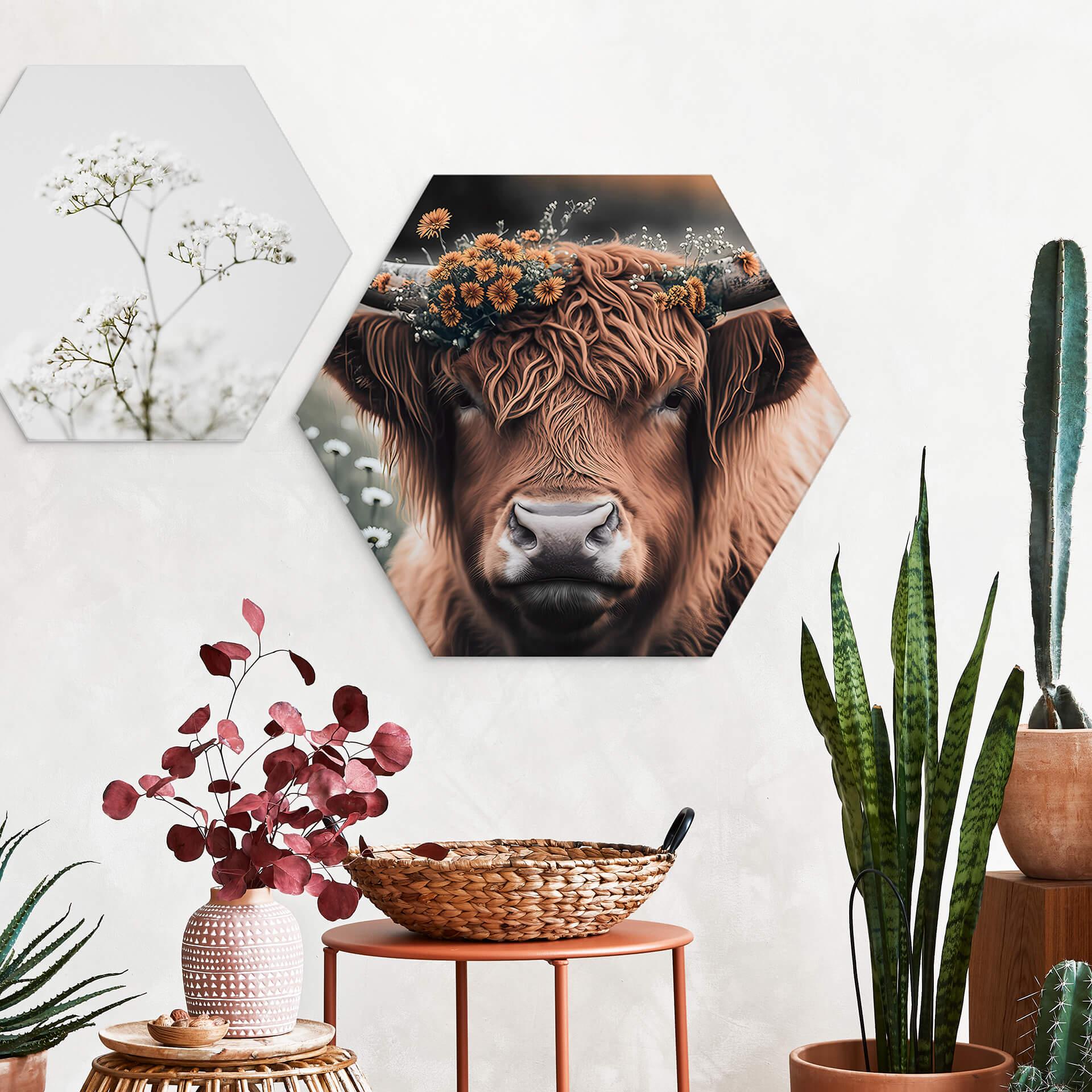 Hexagon Wandbild Treechild - Hochlandkuh mit Blütenkranz - Alu-Dibond