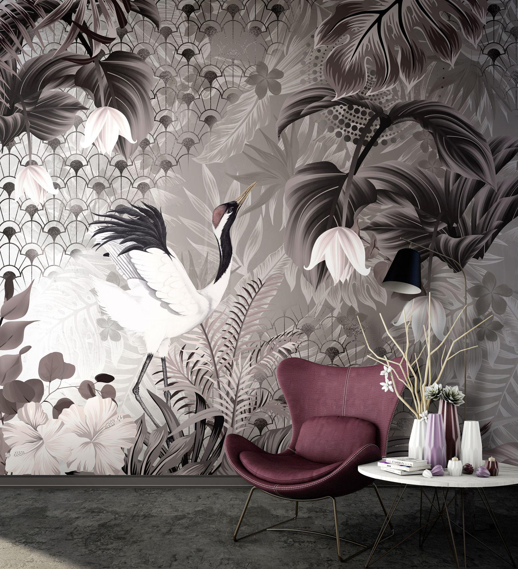 Fotomurale Crane con motivo art deco e flore in grigio nero 2,7 x 2,12 m