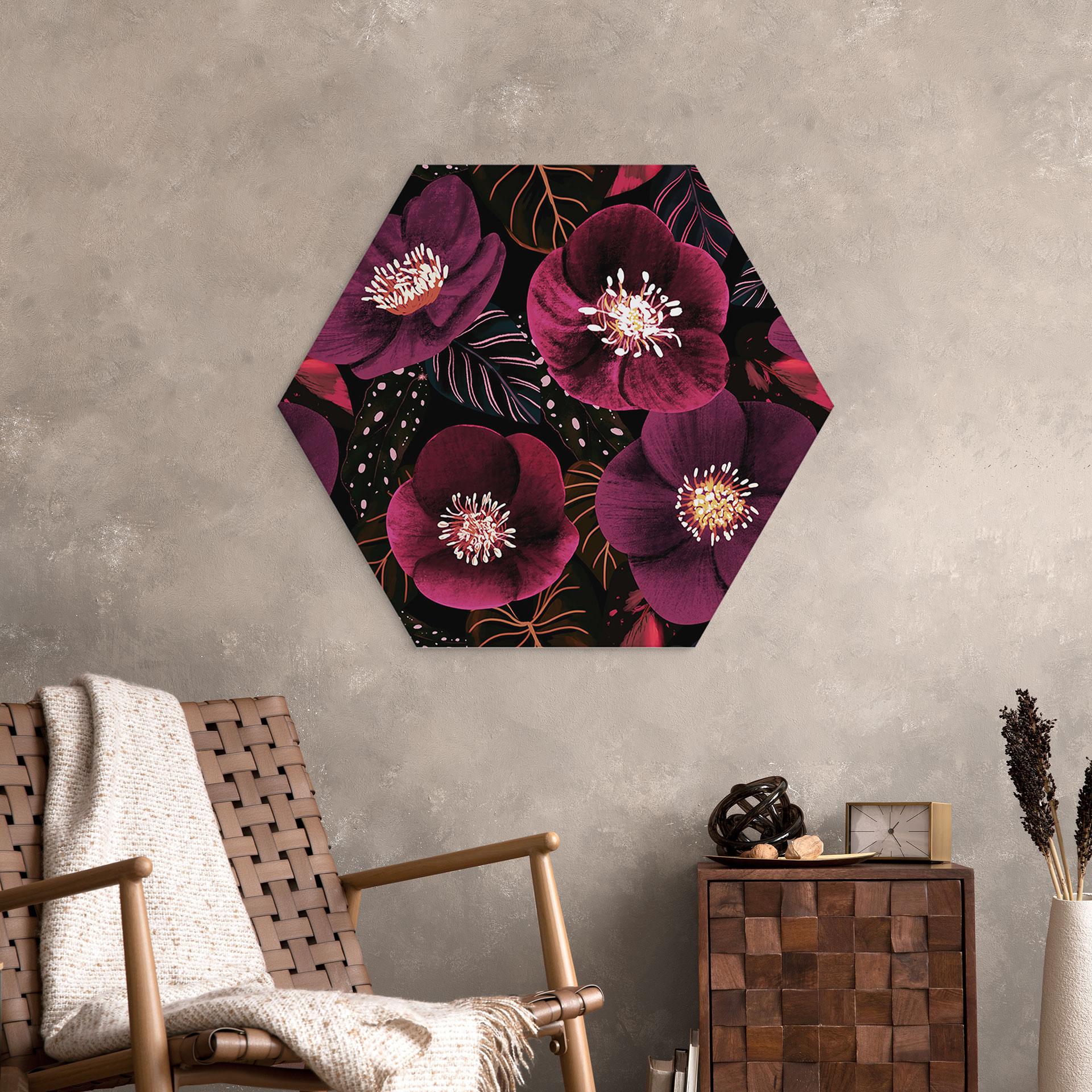 Sekskantet billede Blomster i lilla toner - Anis-illustration - Aluminium dibond