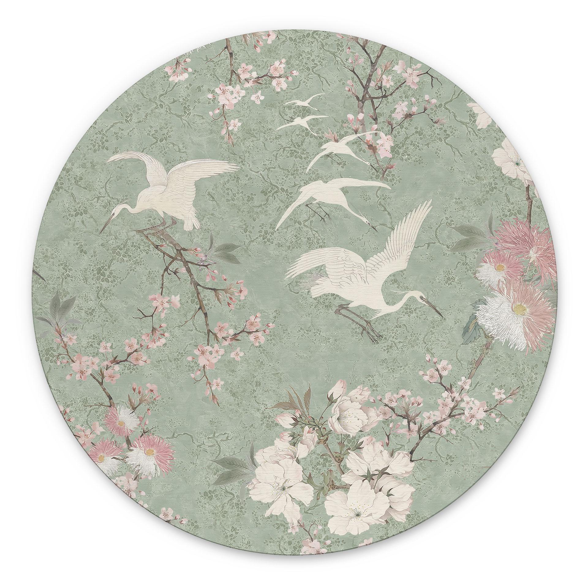 Billede af kraner i kirsebærblomst Rush Green - Bloomery Decor - rund – print på aluminium