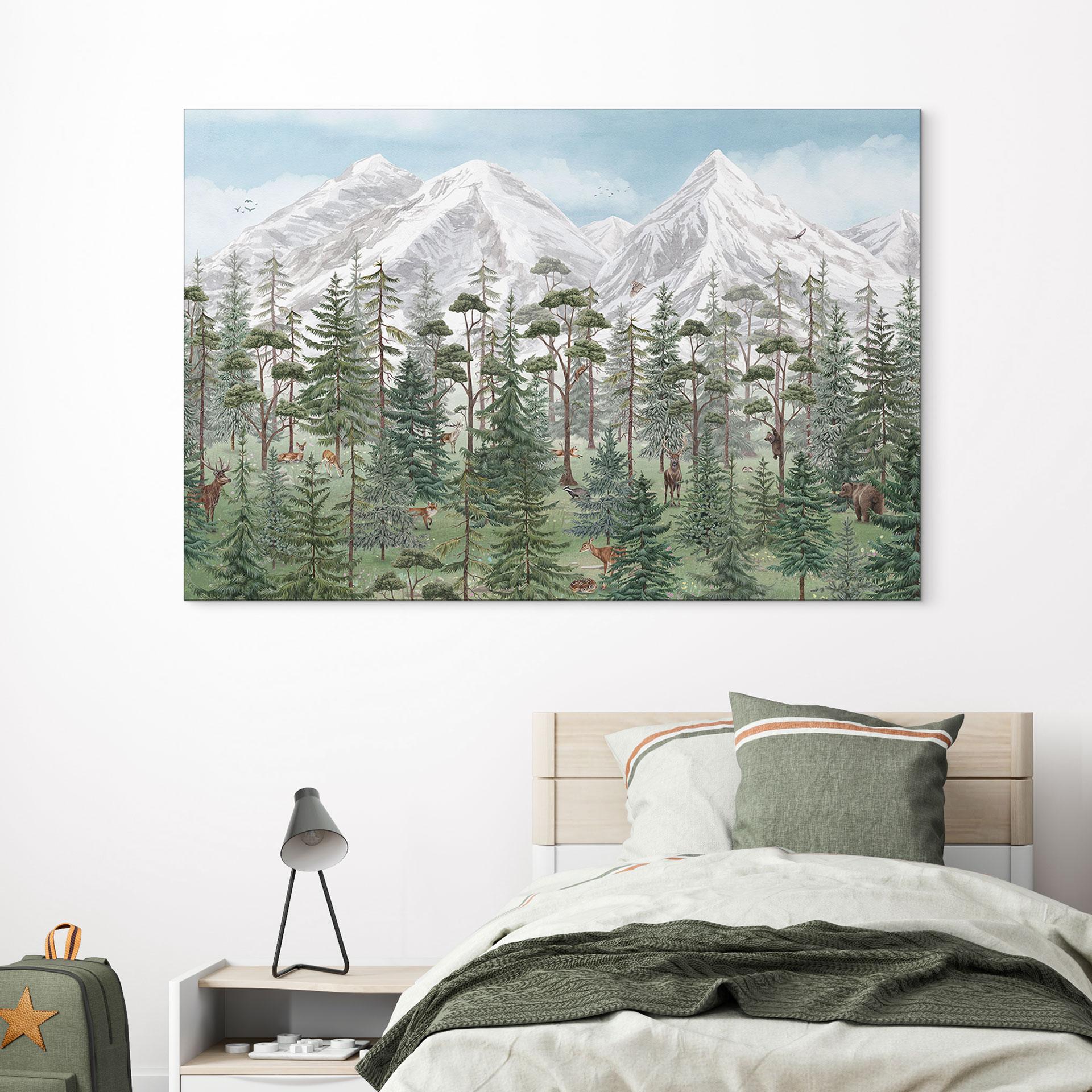 Skovens dyr i en grøn alpin skov - Kikki Belle – print på aluminium (Alu-Dibond)