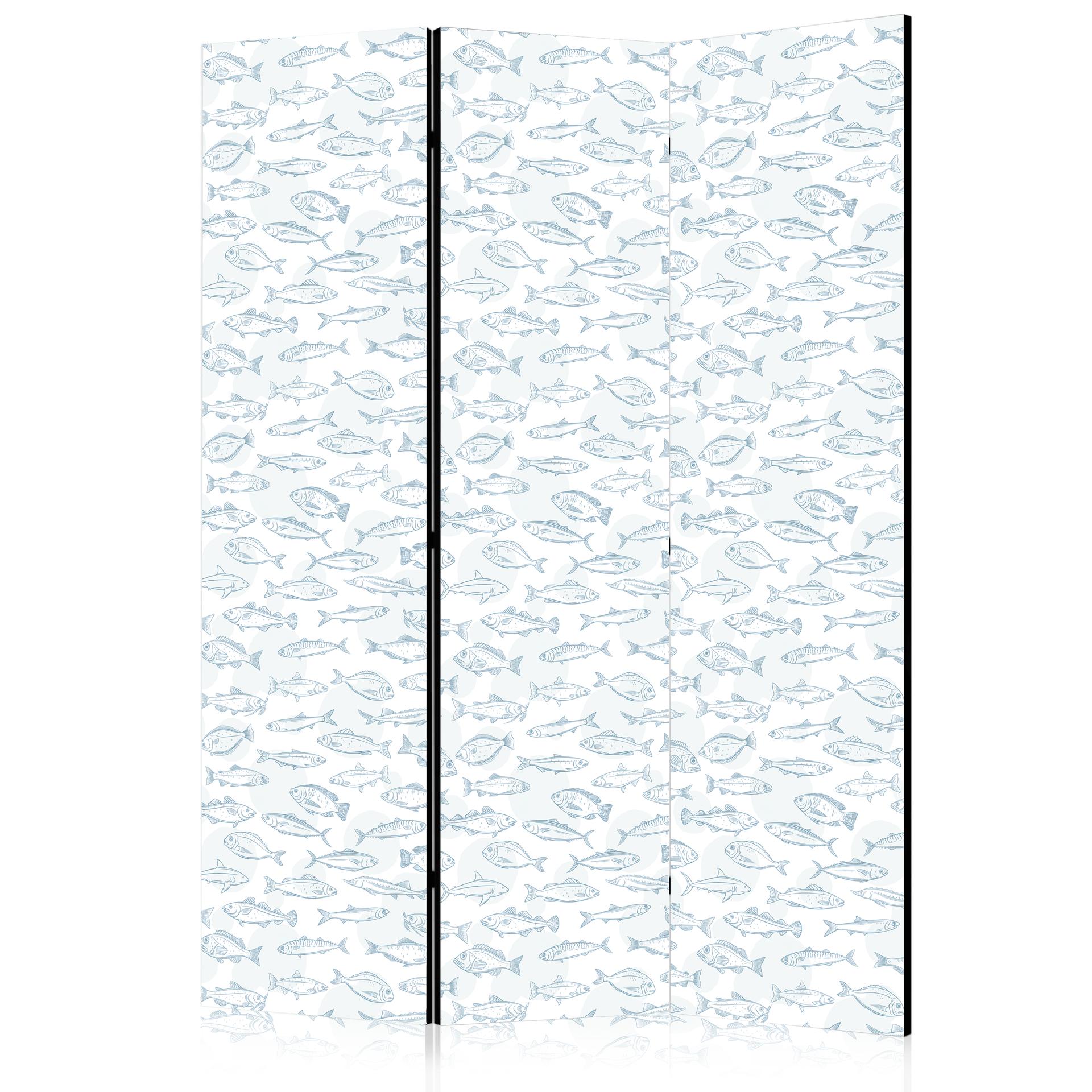 Paravent, Raumteiler freistehend, Trennwand - Blue Outlines of Various Species of Fish