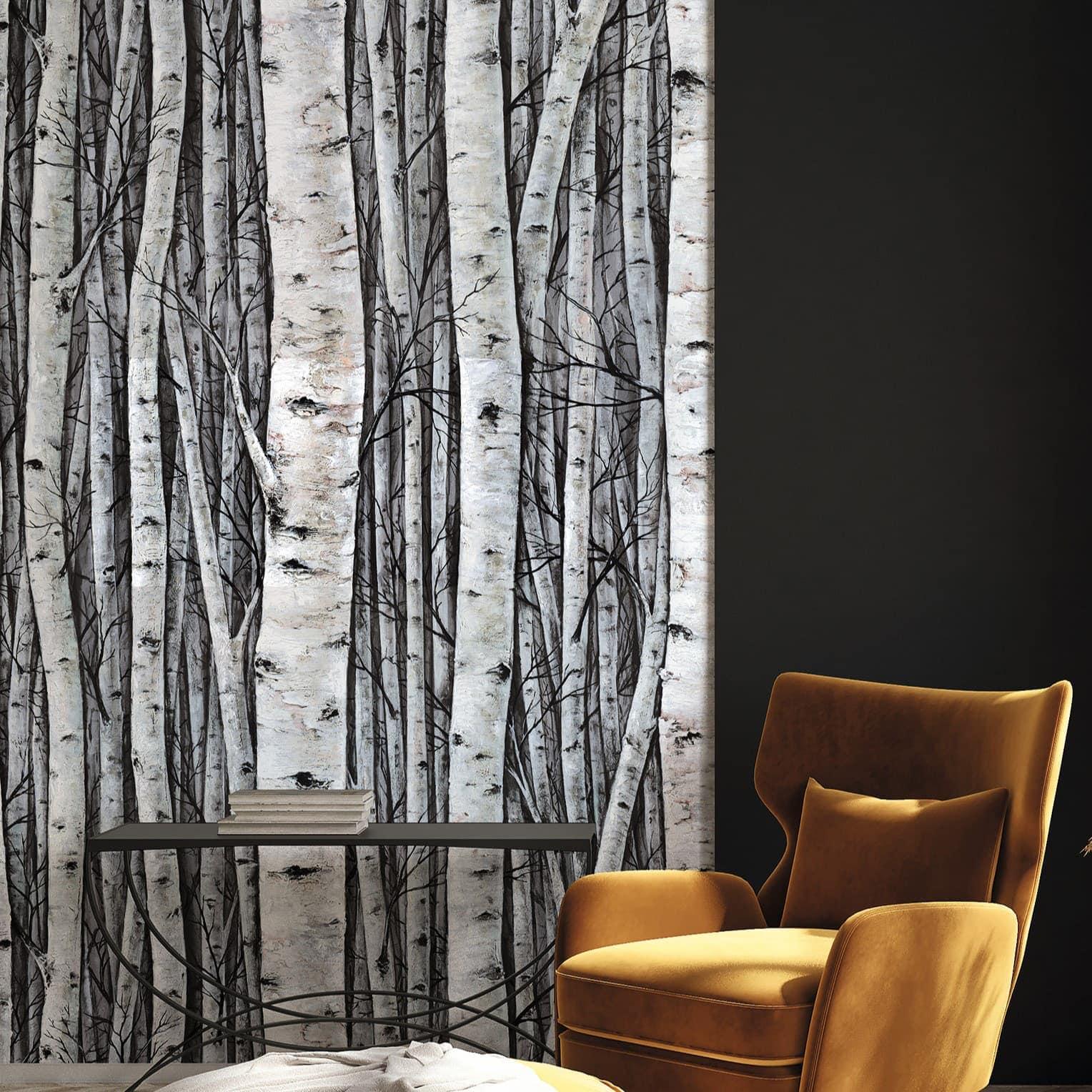 vliesbehang met bossen en beuken grijs, blauw bloemmotieven 2,70 x 1,59 m
