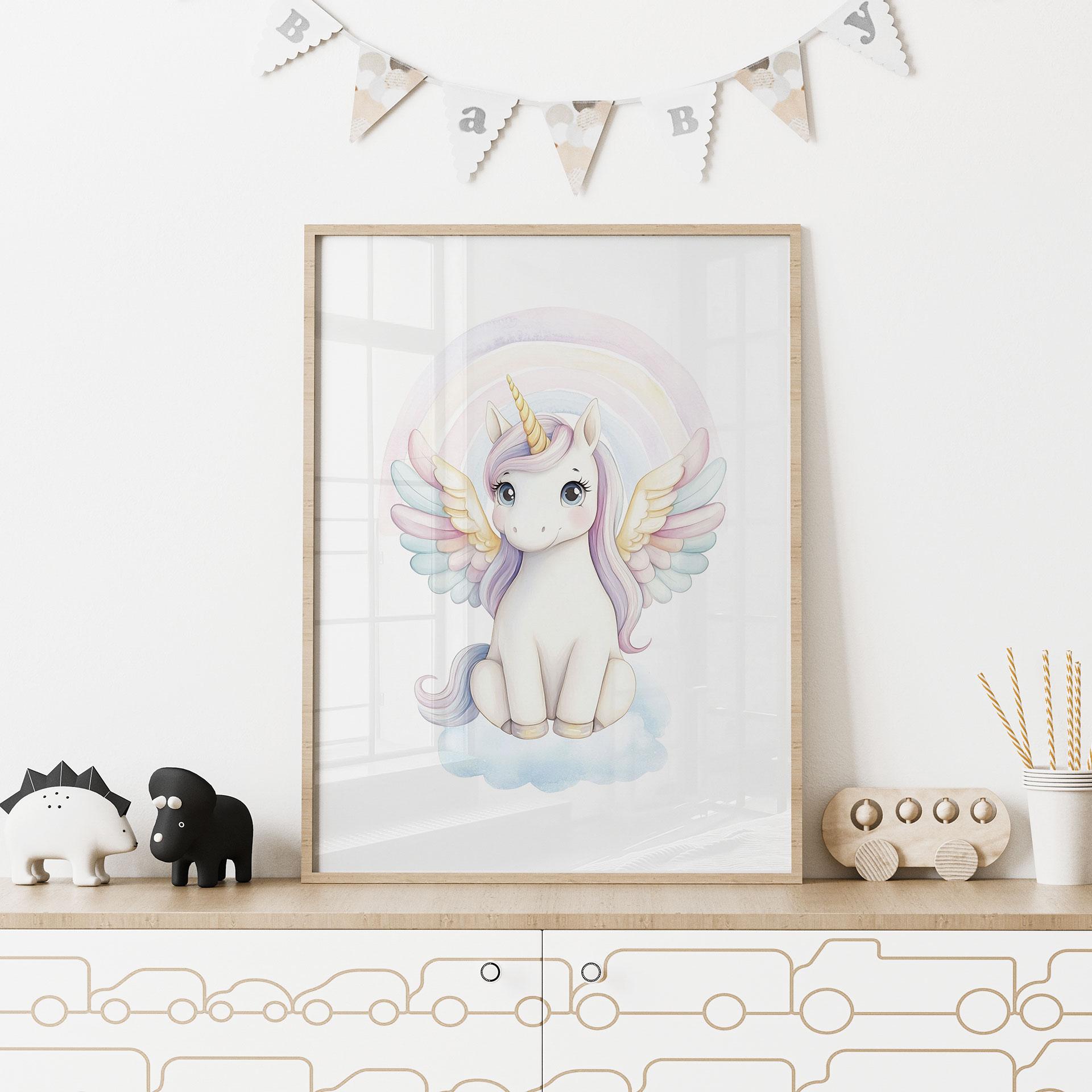 Pastel eenhoorn Poster met regenboog | Magisch mythisch wezen voor kinderen