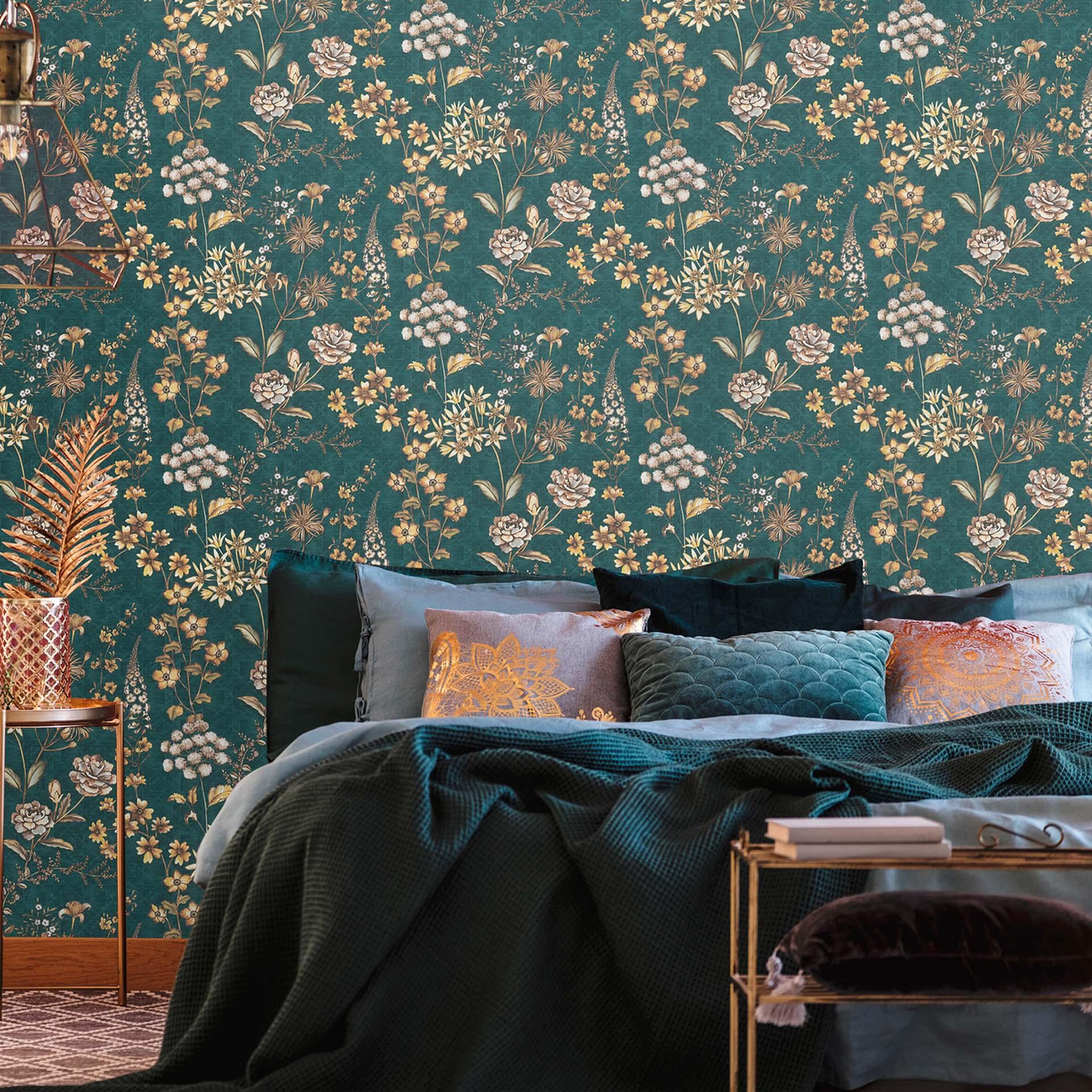 Blumentapete Petrol, Gelb Vintage Landhaus Tapete Pflanzen, Blätter - Muster Vliestapete Blumen