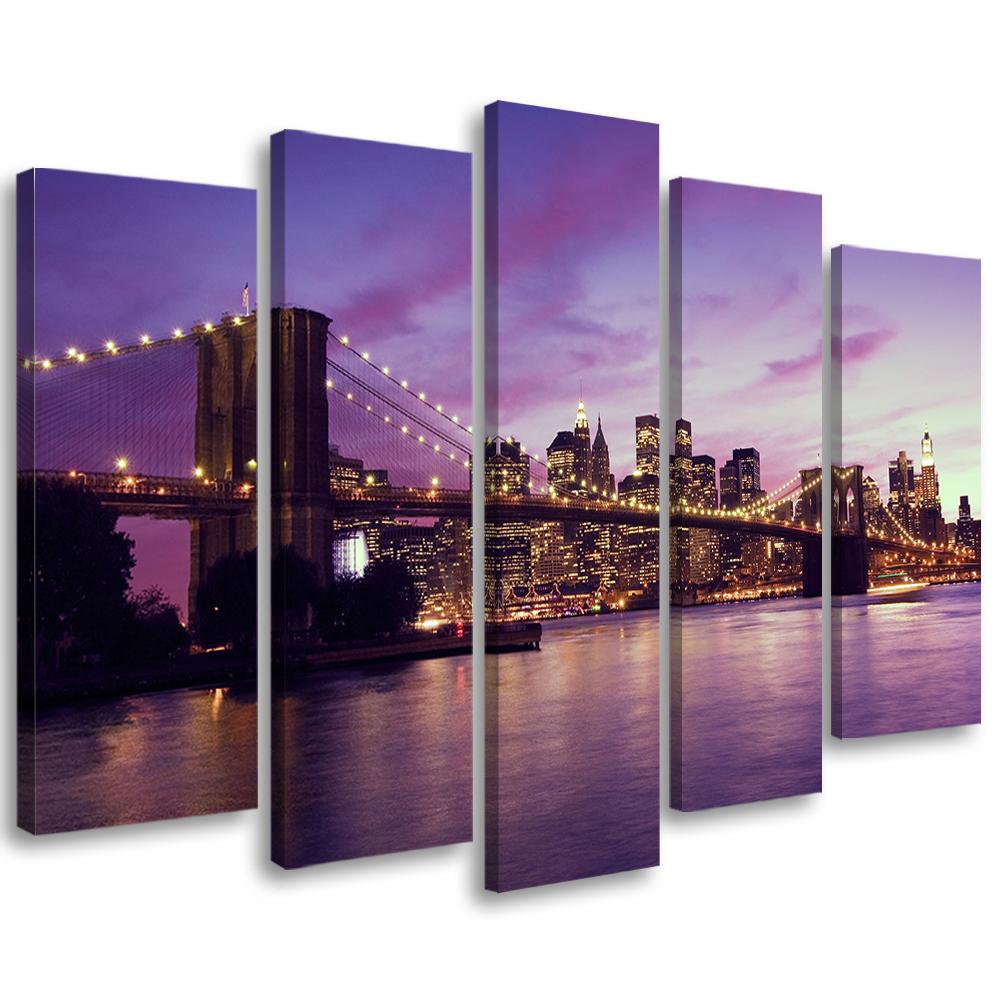 5 stykke lærredstryk, New York Brooklyn Bridge lilla