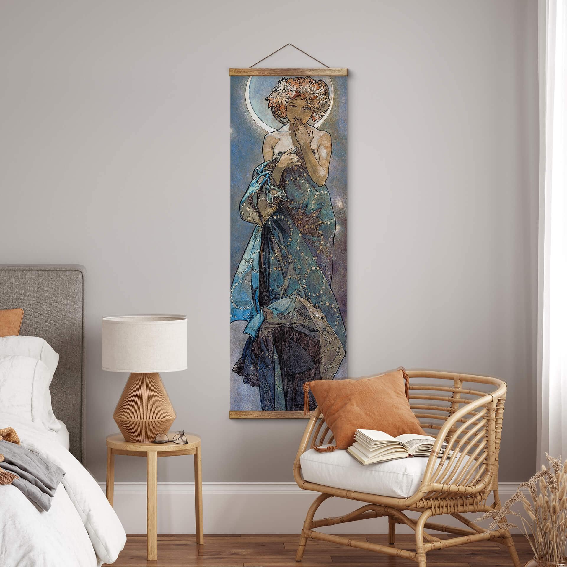 Lærred, banner, Tekstil plakat Mucha - Stjerner: Månen - Panorama