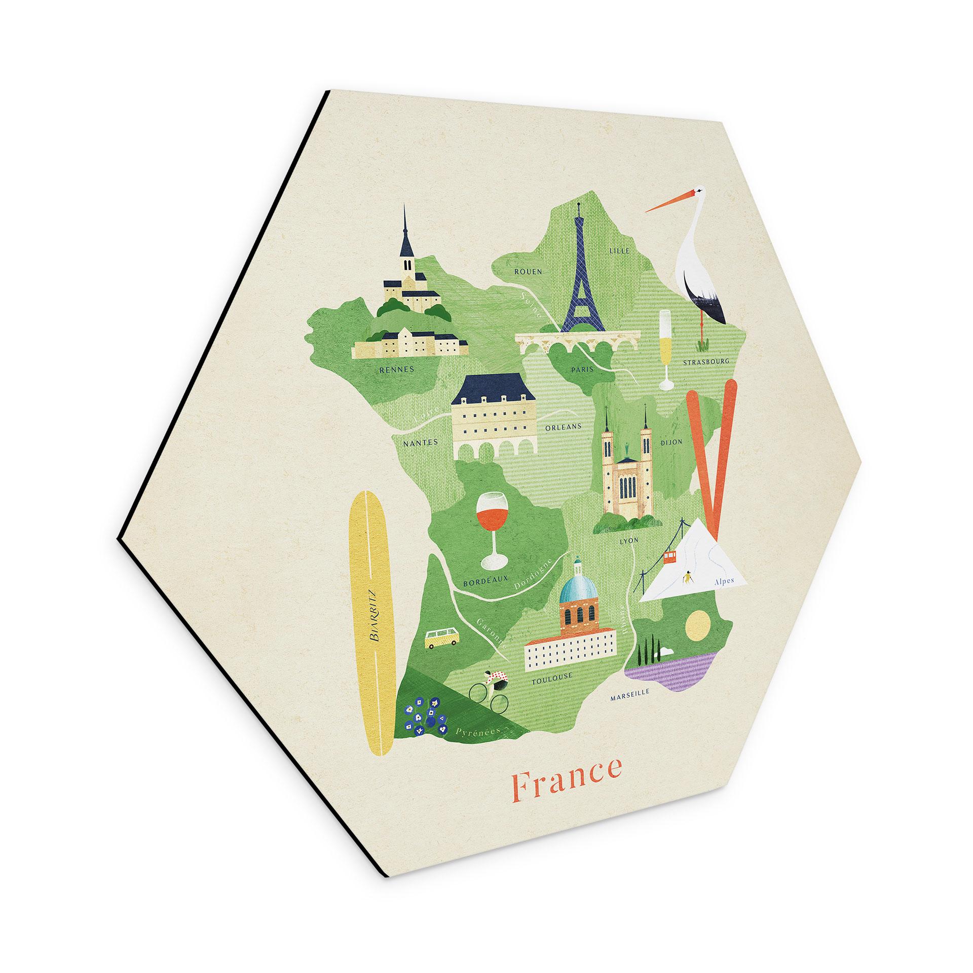 Hexagon Wandbild Karte von Frankreich - Rivers - Alu-Dibond