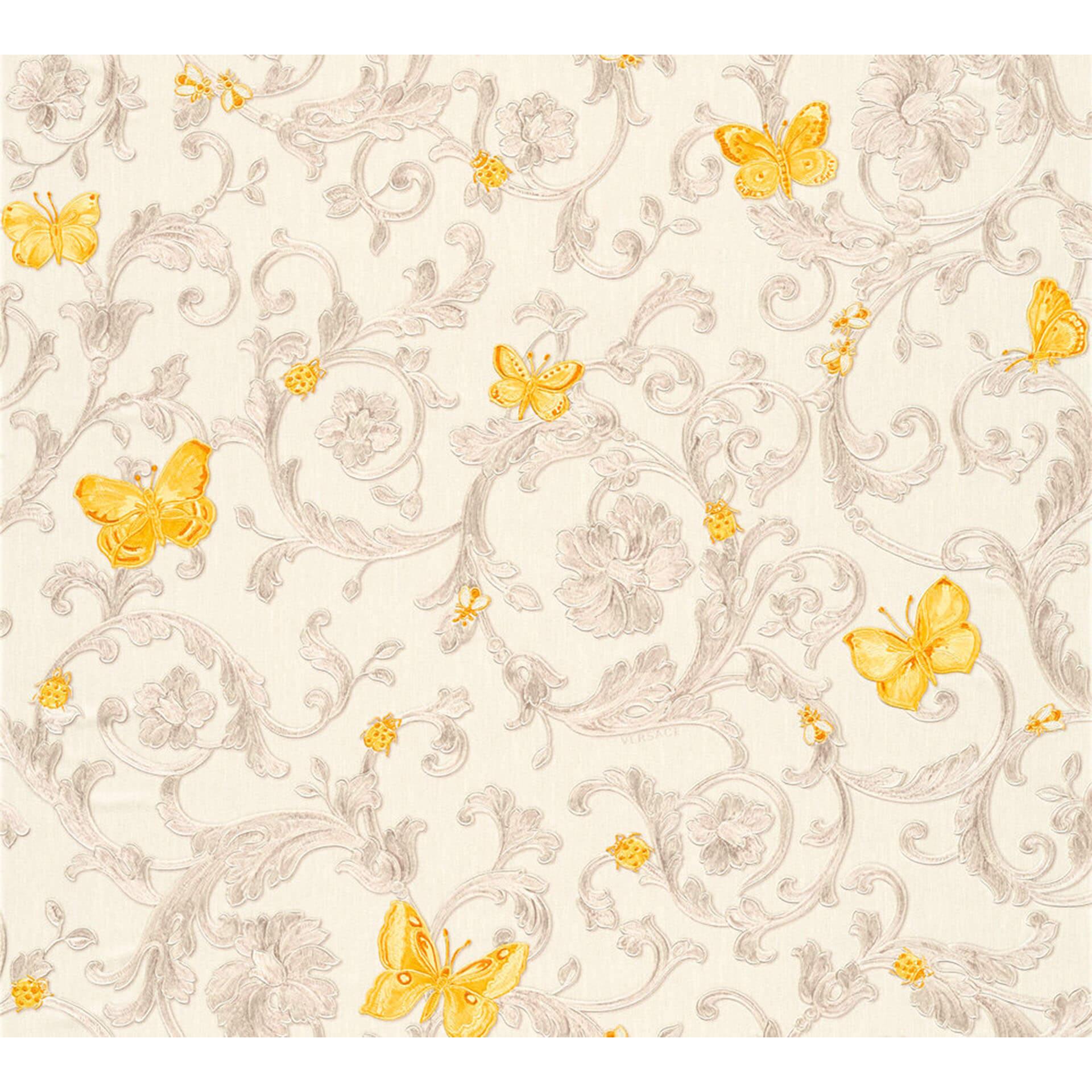 Versace tapet, Fleecetapet Butterfly Barocco Baroktapet med ornamenter, gul, guld, creme