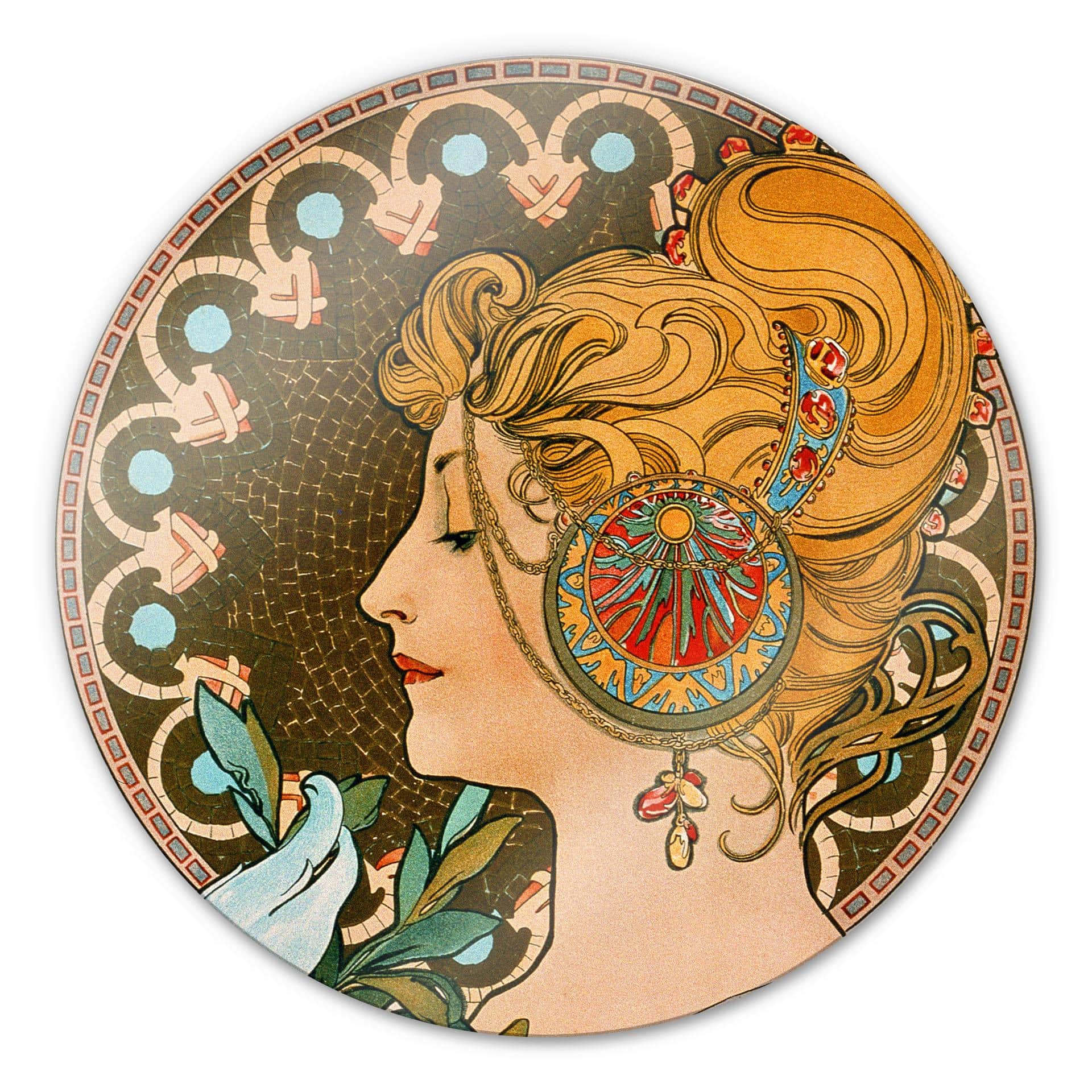 Tableau en verre - Mucha - La Plume - rond